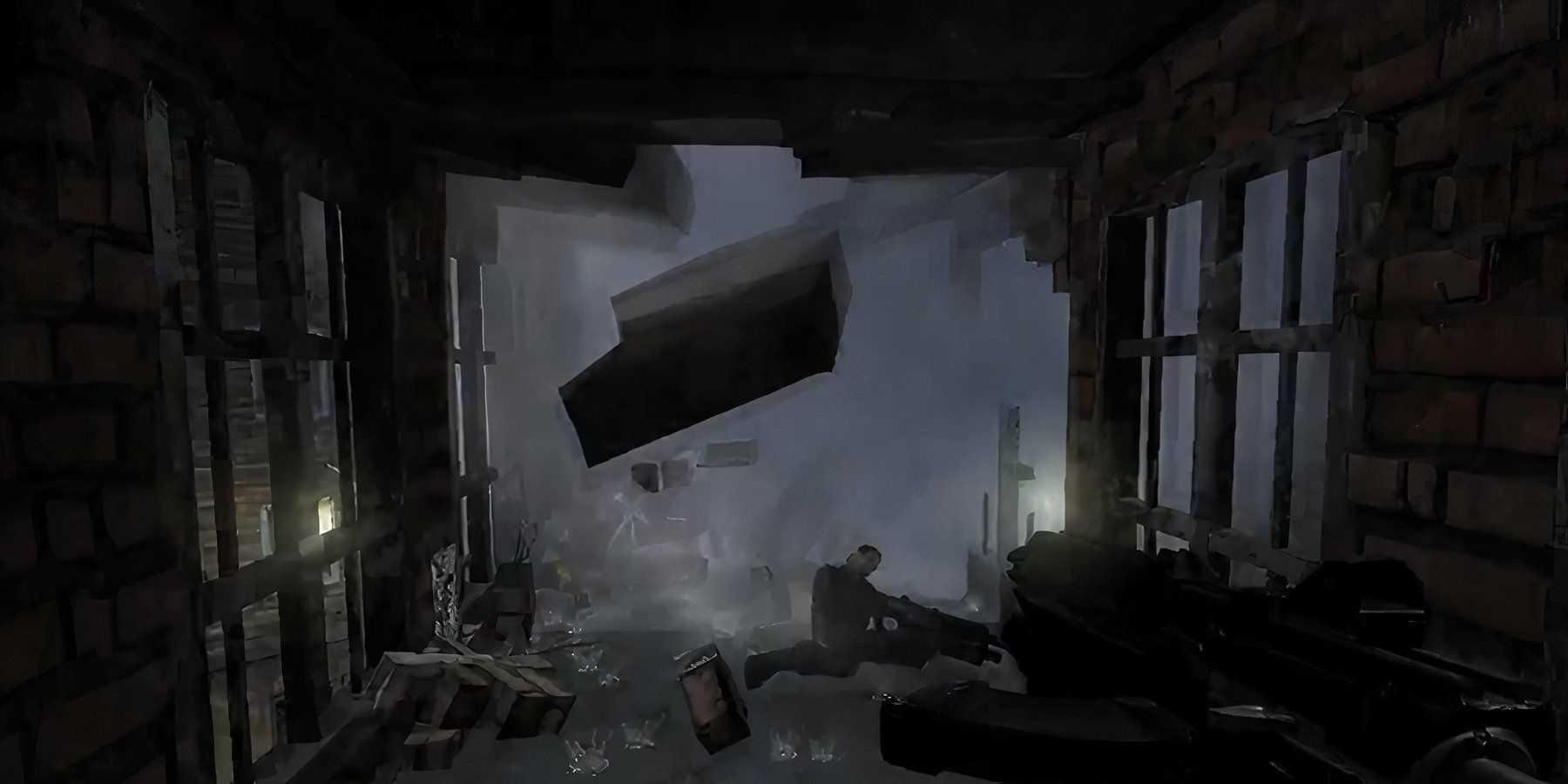 the player in front of crumbling debris