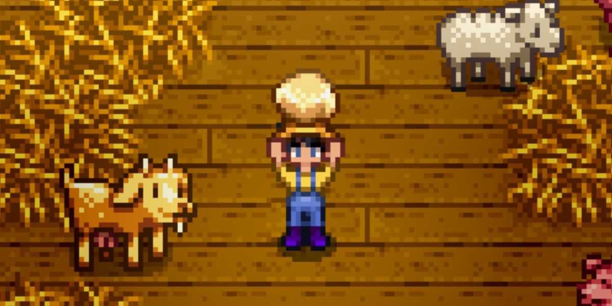 Um fazendeiro segurando queijo de cabra ao lado de uma cabra em Stardew Valley