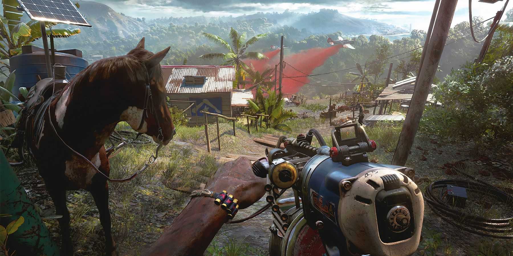 Jogador em pé perto de um cavalo em Far Cry 6