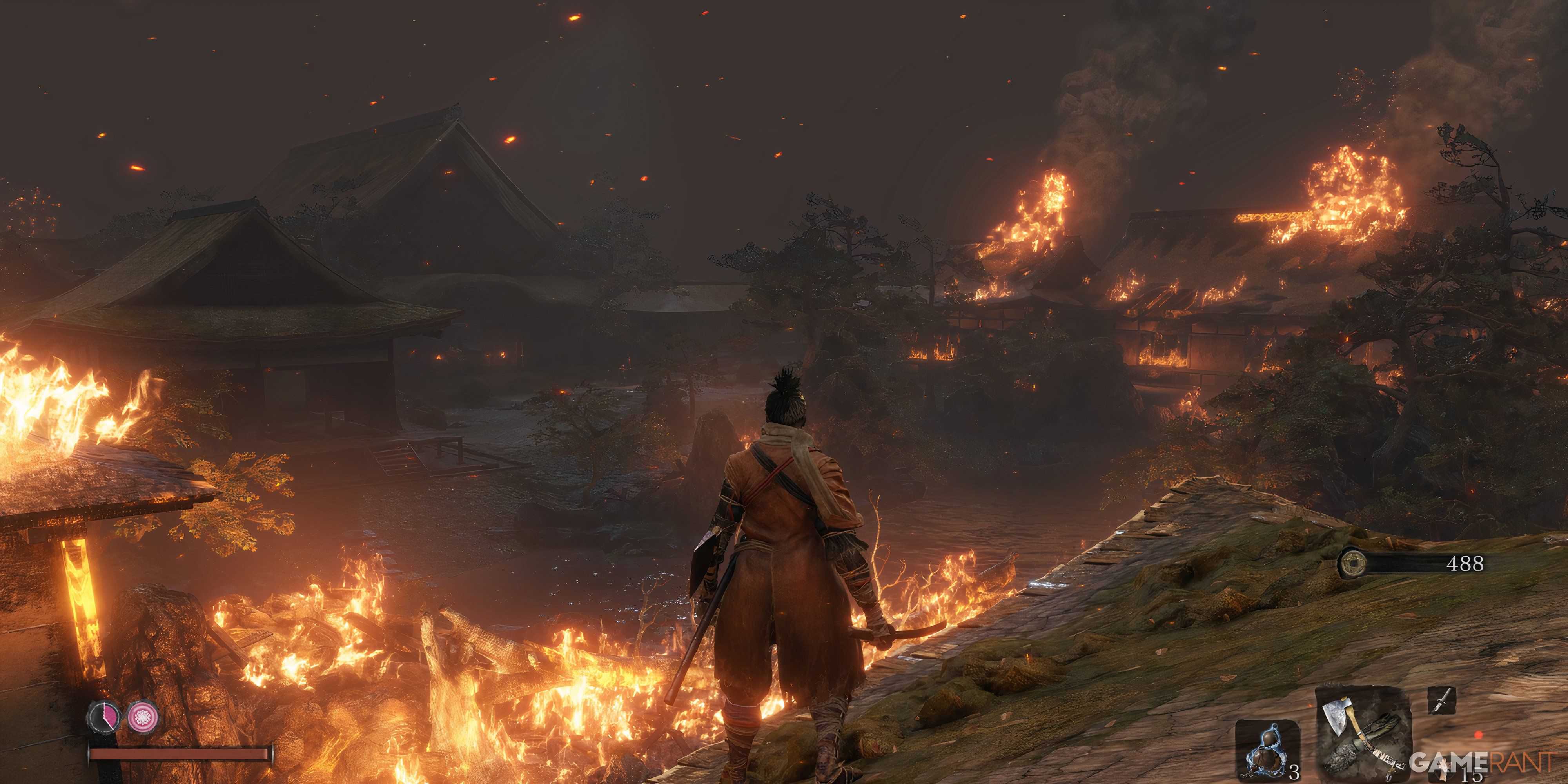 7 Linear Games That Feel Like an Open World Sekiro stands on a burning building