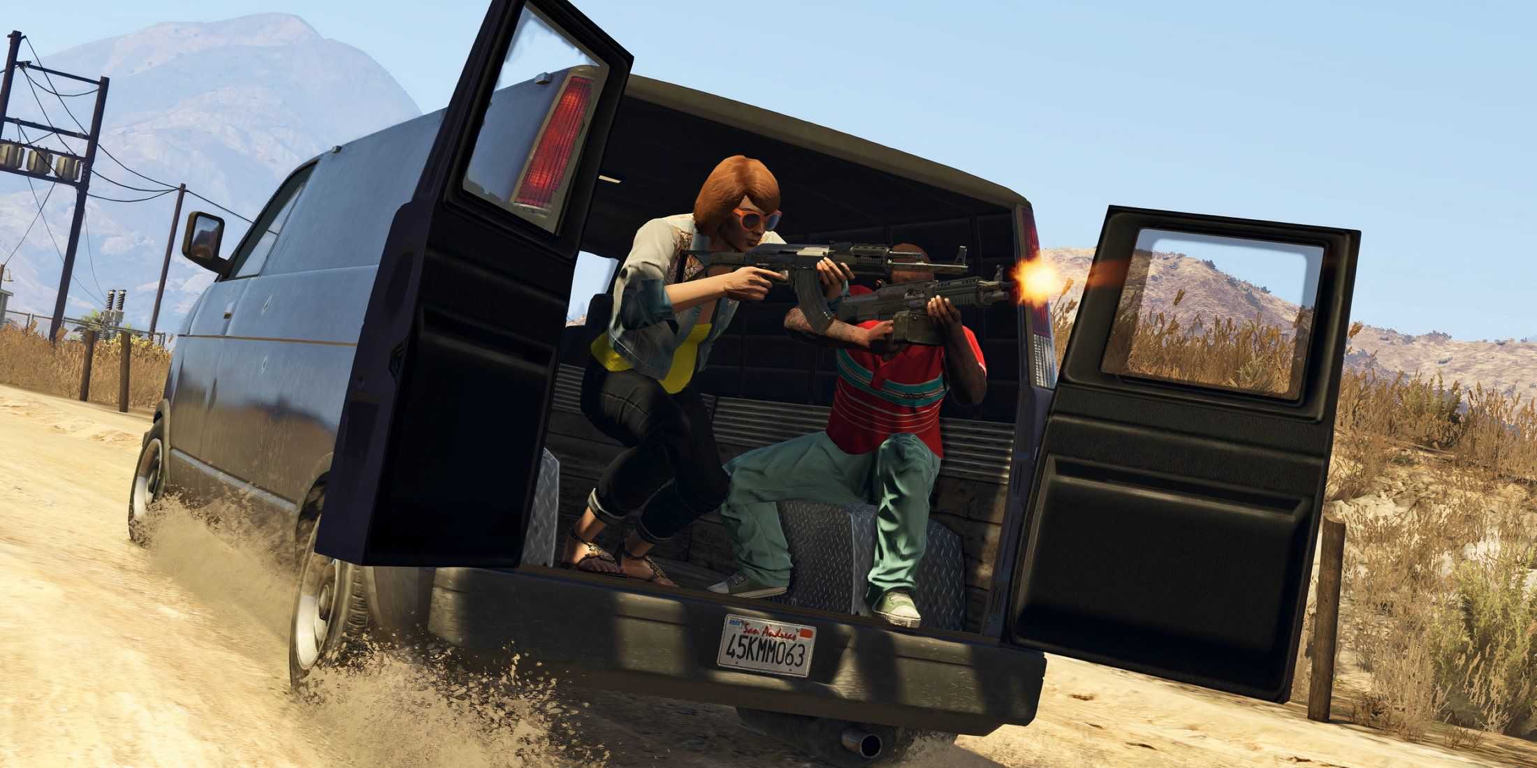 two gta online characters shooting from the back of a van