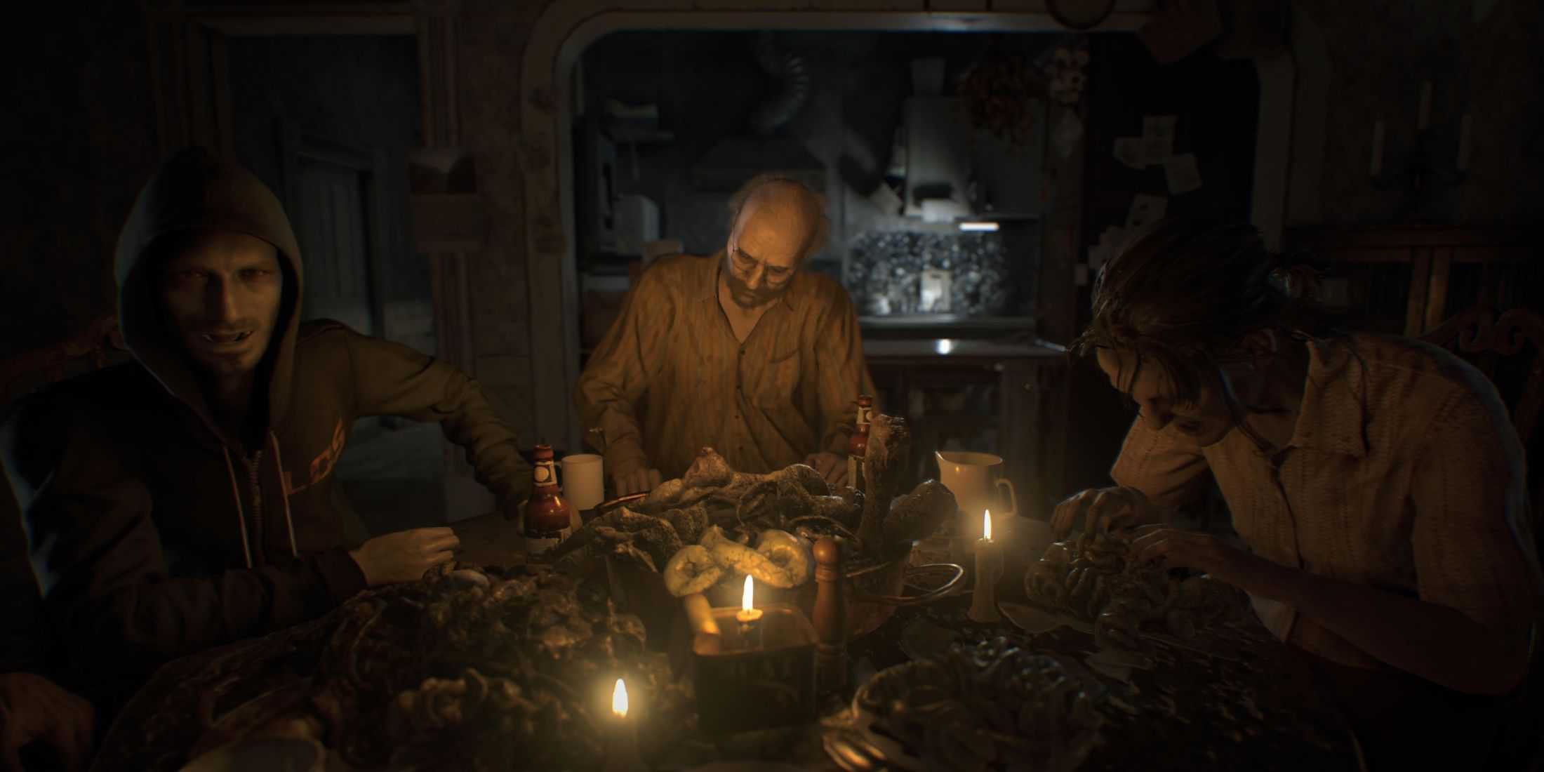 The Baker family sitting around the dinner table