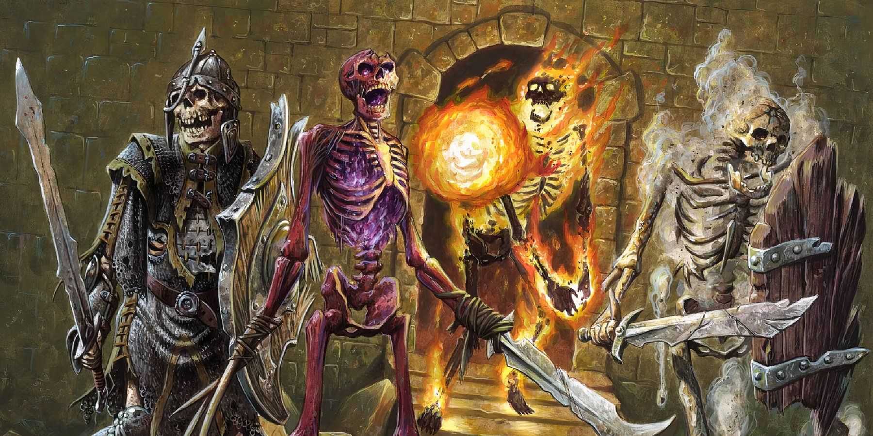 Variedade de esqueletos de Dungeons and Dragons em pé na masmorra