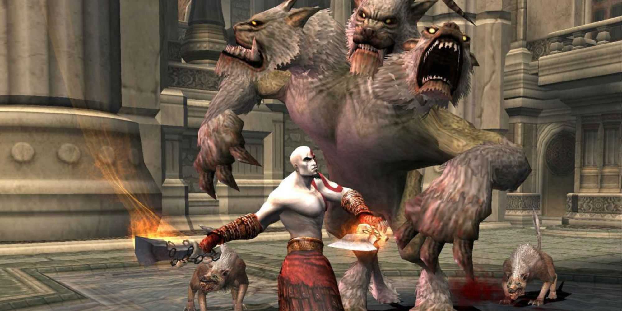 Lutando contra um inimigo de três cabeças em God of War 2 (2007)