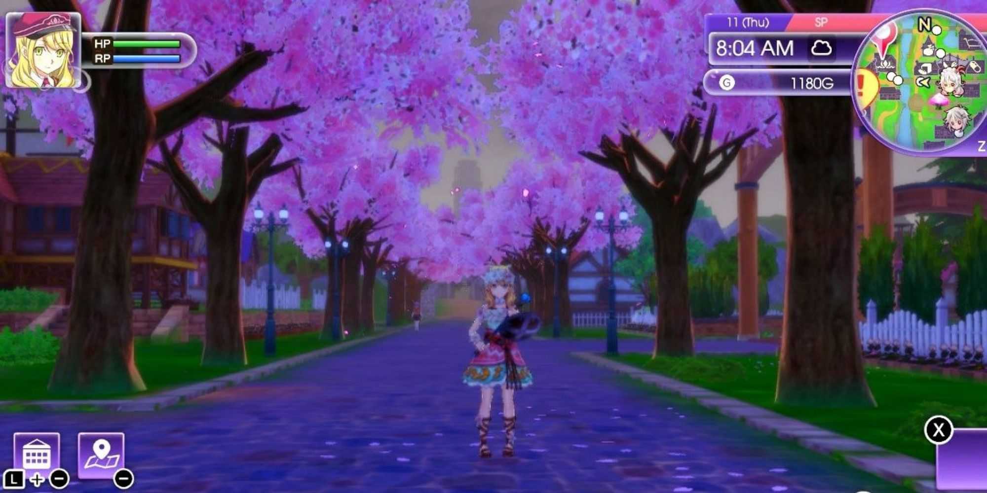 Protagonist standing in tree lined street in Rune Factory 5