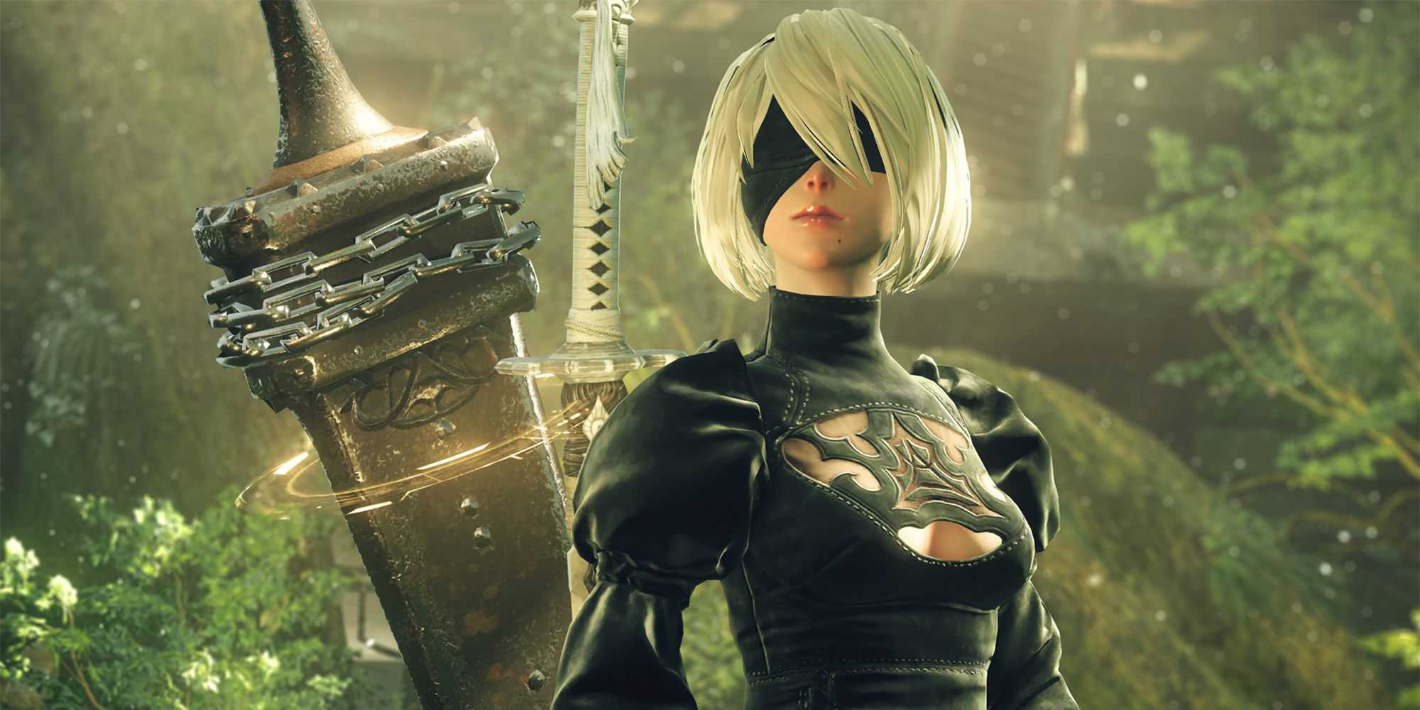 2B Nier Automata em pé no meio da natureza, grande espada atrás dela