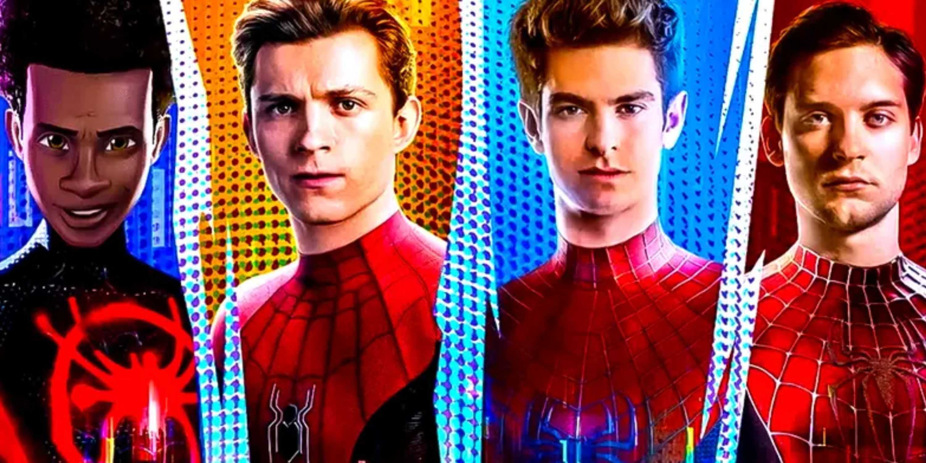 da esquerda para a direita, shameik moore homem-aranha, tom holland homem-aranha, andrew garfield homem-aranha, tobey maguire homem-aranha