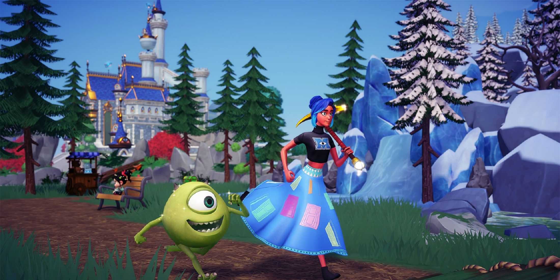 A scene from Disney Dreamlight Valley showing a player character with blue hair and a Monsters University shirt, holding a pickaxe, walking alongside Mike Wazowski