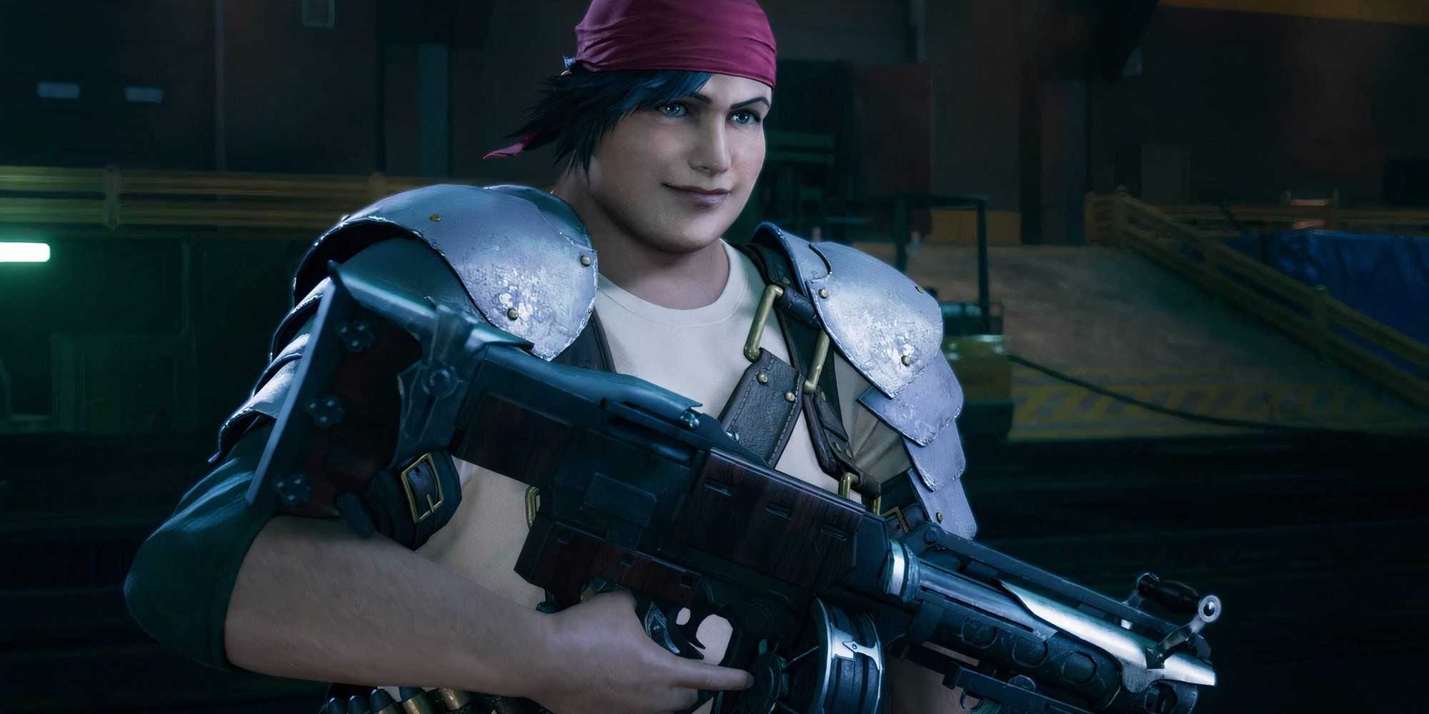 Wedge carrying a machine gun in Final Fantasy 7 remake