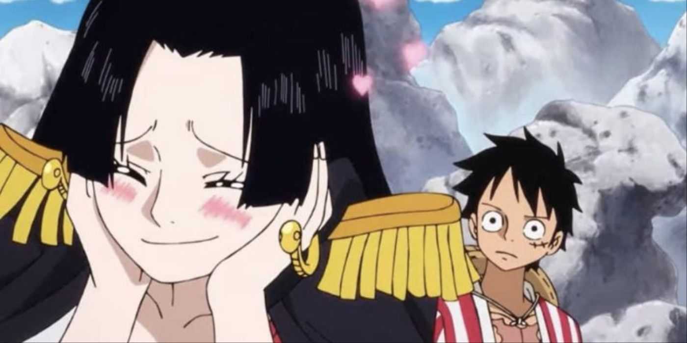 Boa Hancock Enrubescendo Enquanto Fala Com Luffy em One Piece