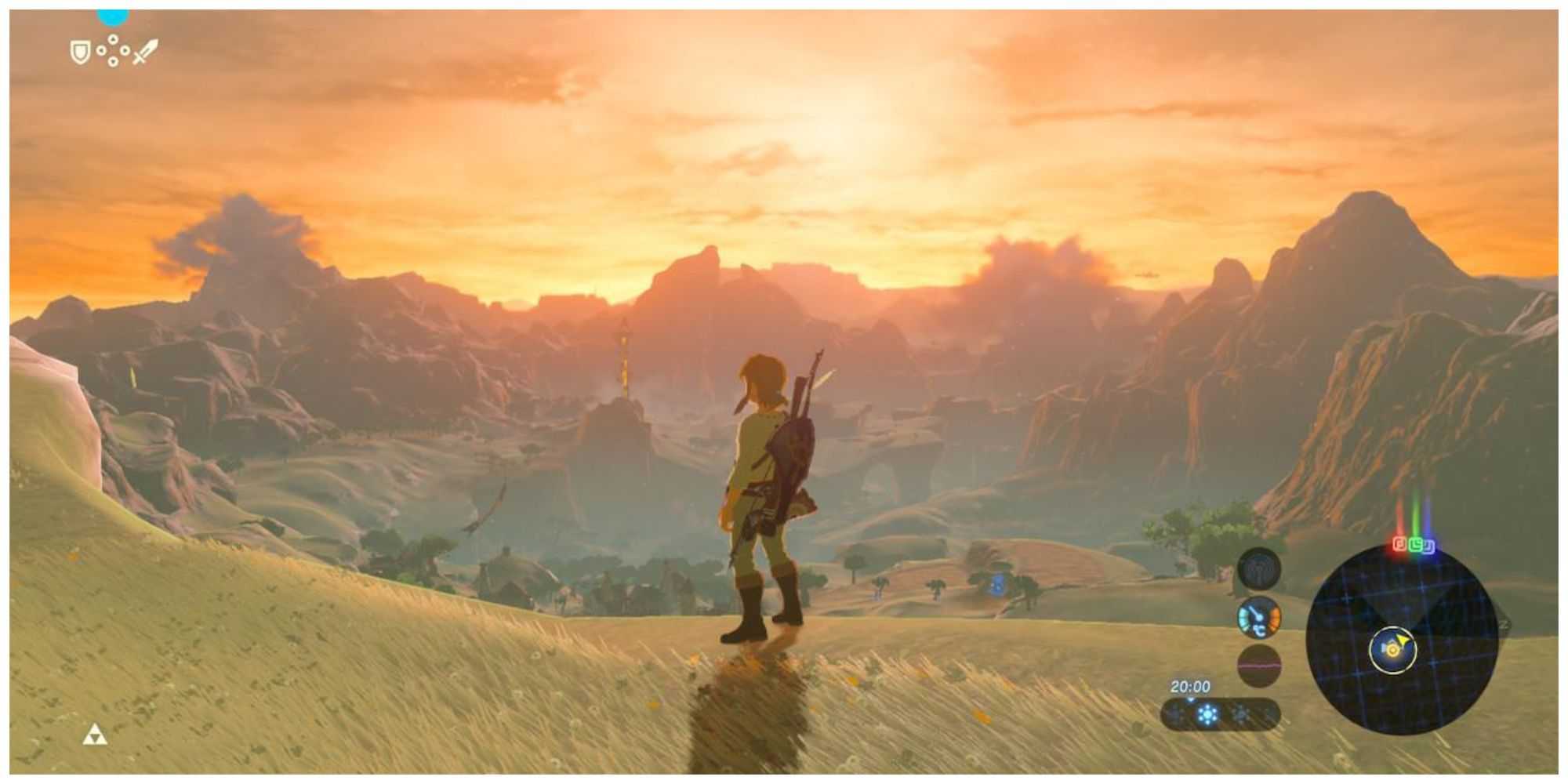 Breath of the wild main character link looking at a village and mountain at sunset