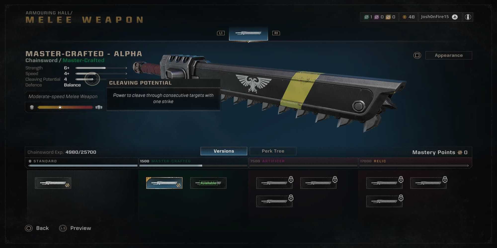 The Player Hovering Over The Cleaving Potential On A Weapon