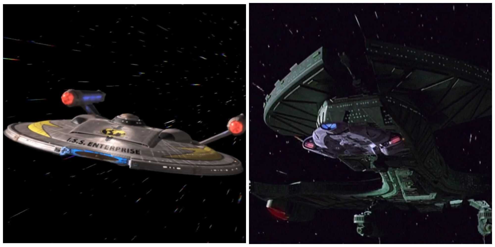 Imagem dividida mostrando naves estelares do Universo Espelhado de Star Trek.