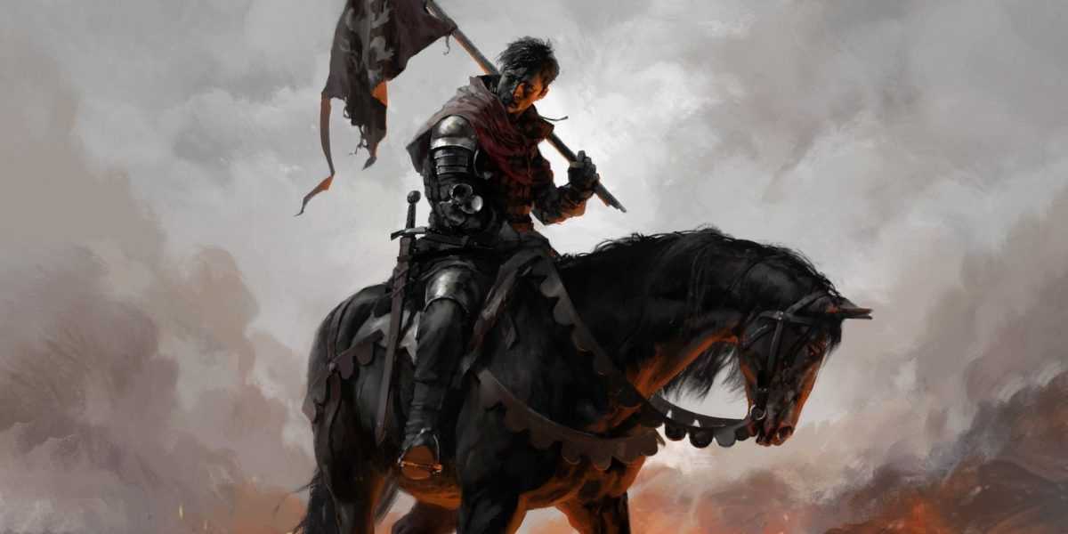 Kingdom Come: Deliverance arte conceitual de Henry em um cavalo segurando uma bandeira