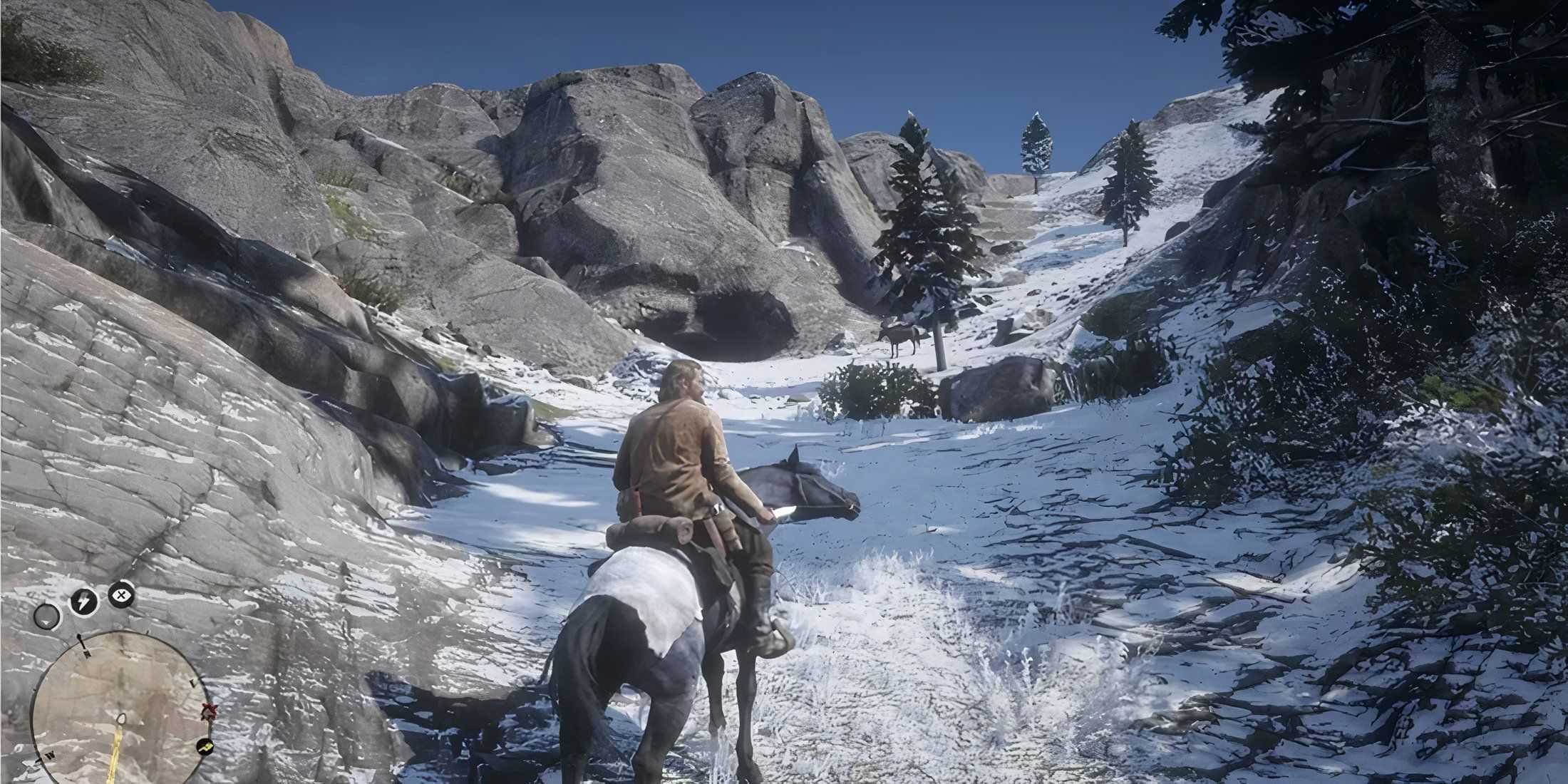 Red Dead Redemption 2 riding a horse up a mountain