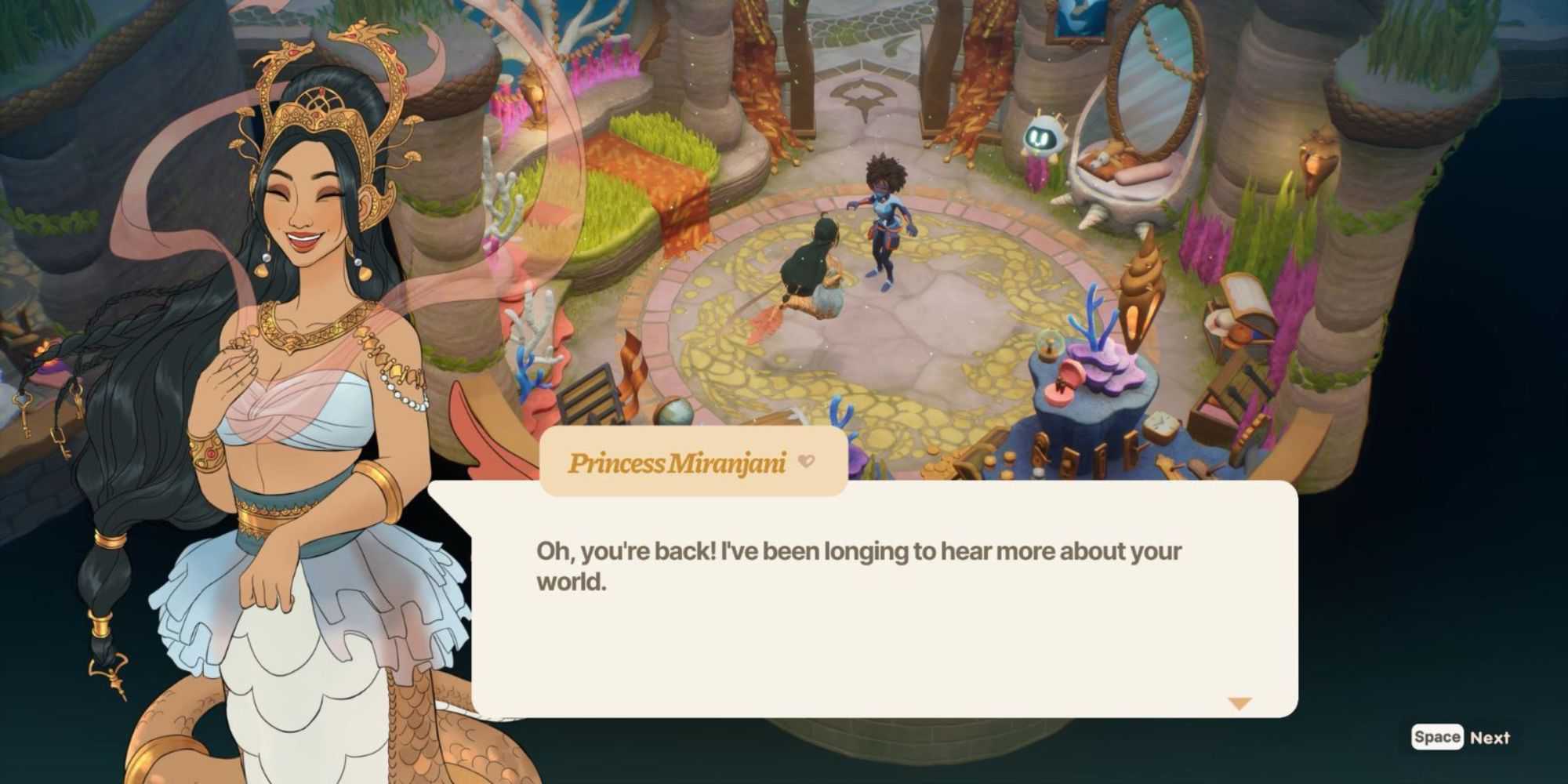 A player talking to Princess Miranjani in Coral Island