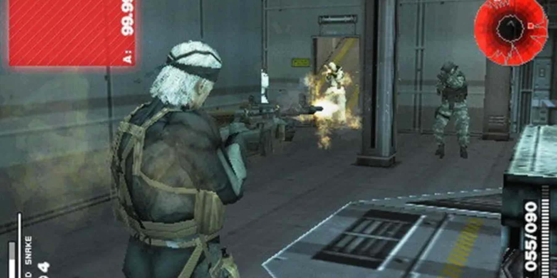 Old Snake shooting guards in Metal Gear Solid: Portable Ops Plus