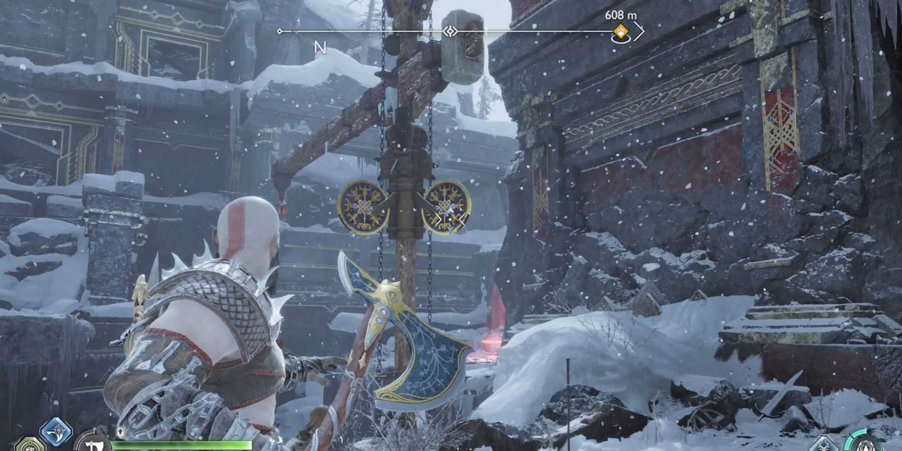 Kratos aims his Leviathan Axe at a paddle in God of War Ragnarok