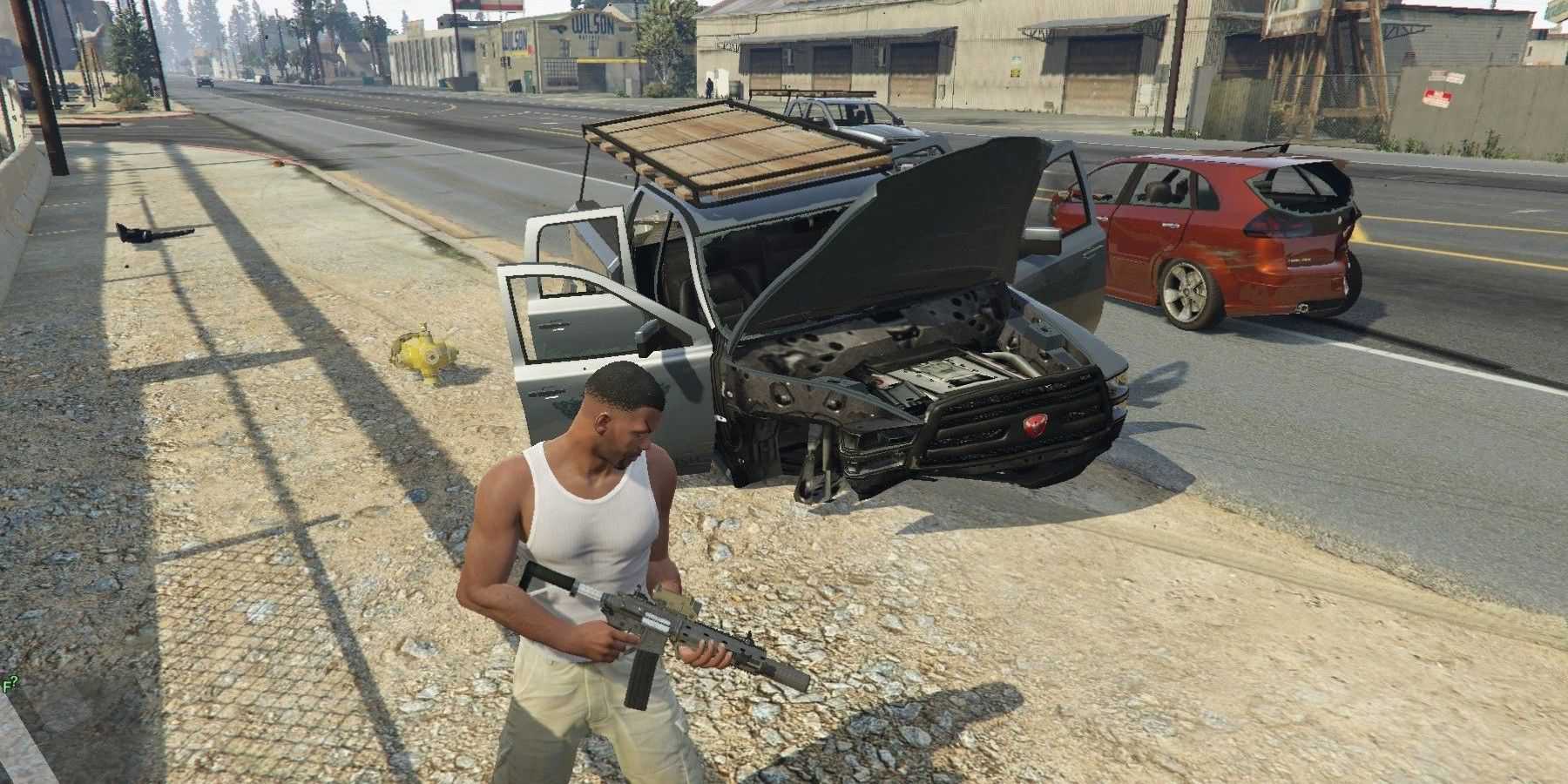 Grand Theft Auto 5 Franklin holding gun crashed car