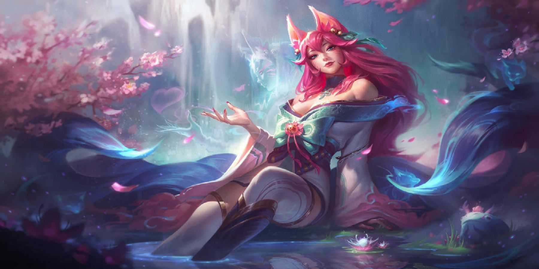 League of Legends Ahri sentada em um lago cercada por flores