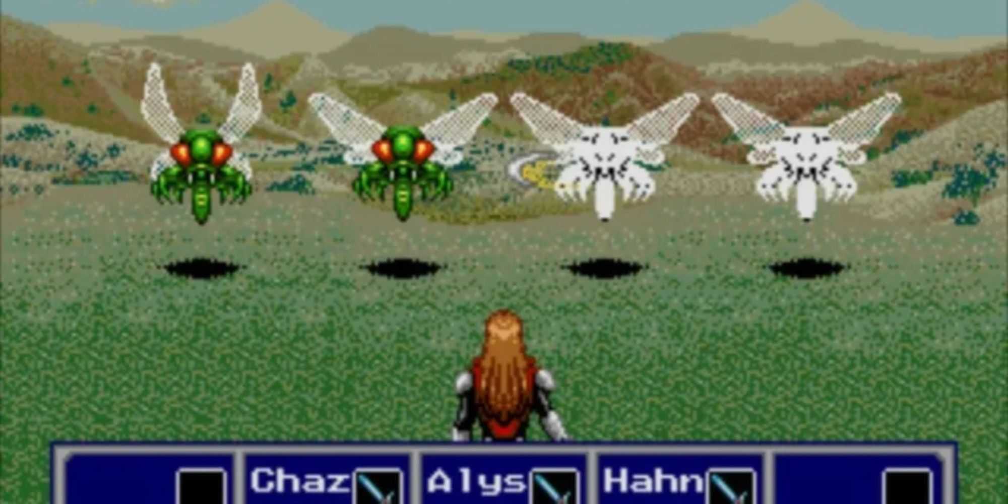 turn based combat against bug enemies in Phantasy Star 4