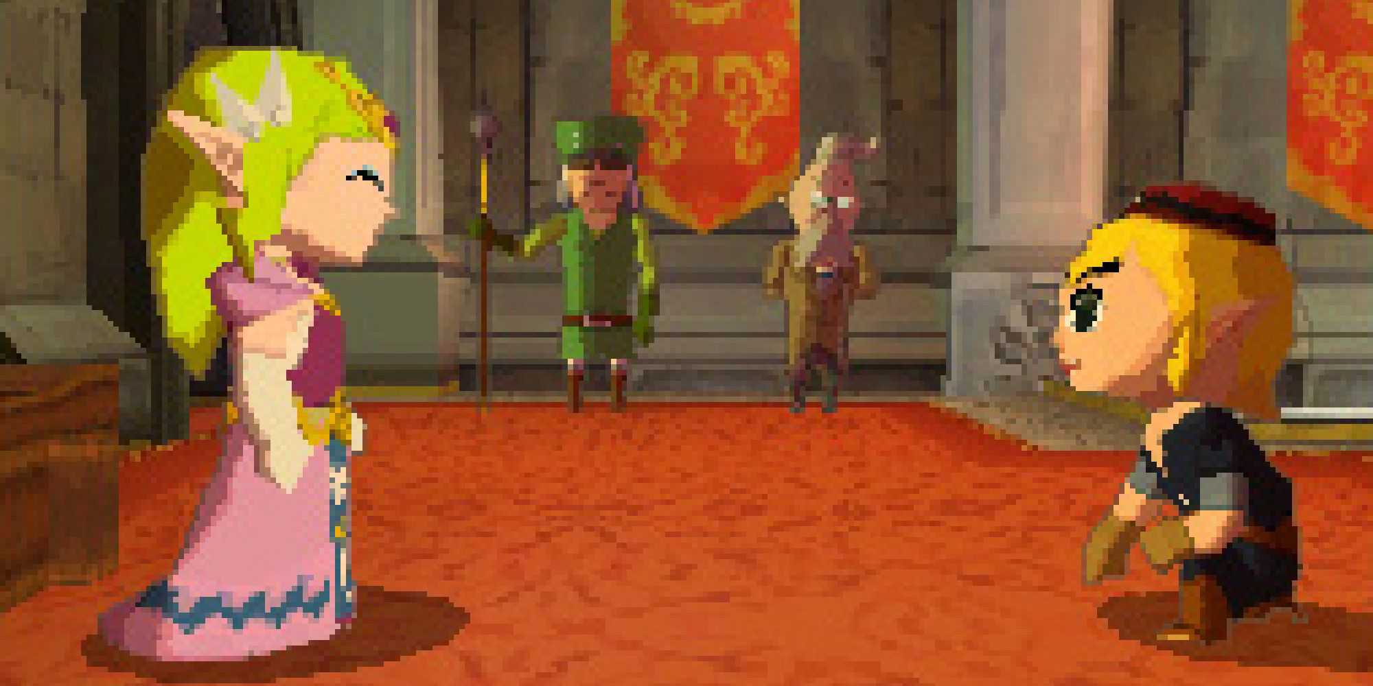 Royal Engineer Link kneels in front of Princess Zelda in Spirit Tracks