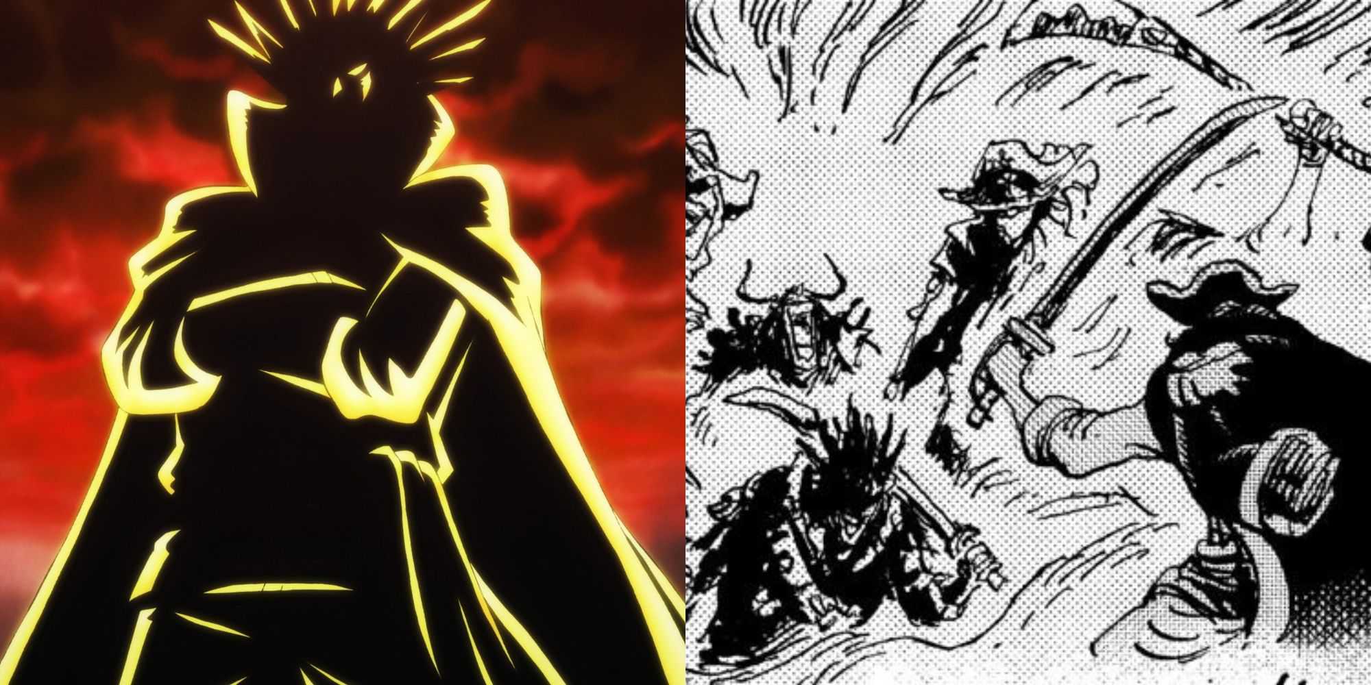 The silhouette of Rocks D. Xebec in the anime and Roger fights Rocks in the manga.