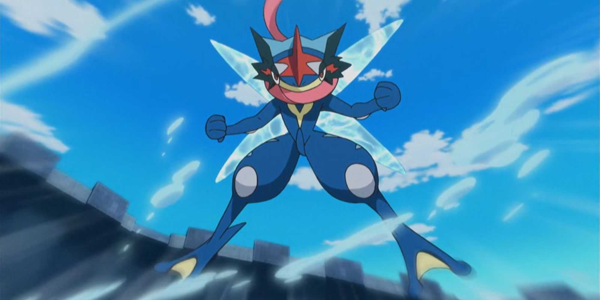 Ash-Greninja posing in mid-air