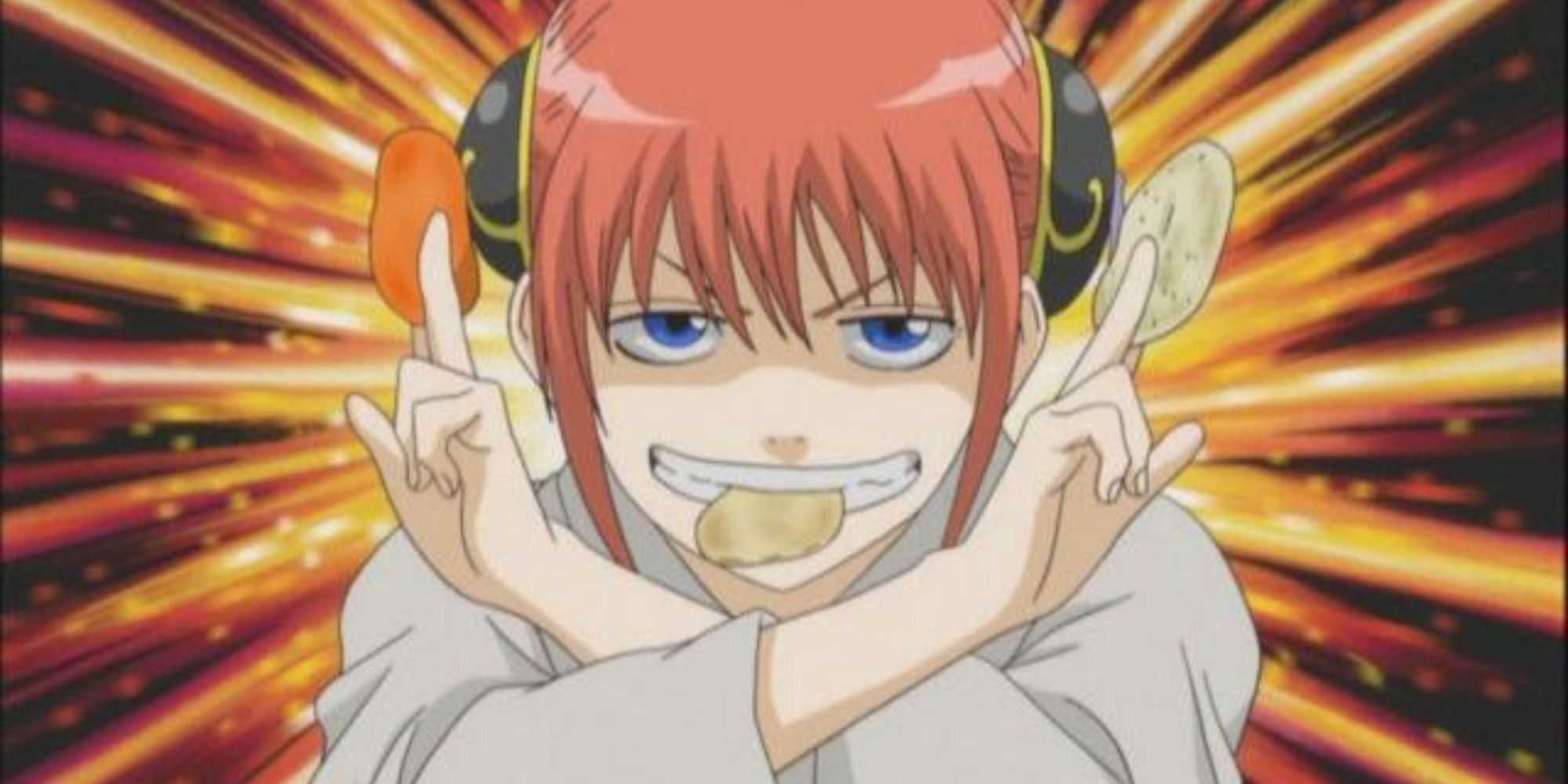 Kagura in Gintama, a chip in her mouth, and one in each hand. 