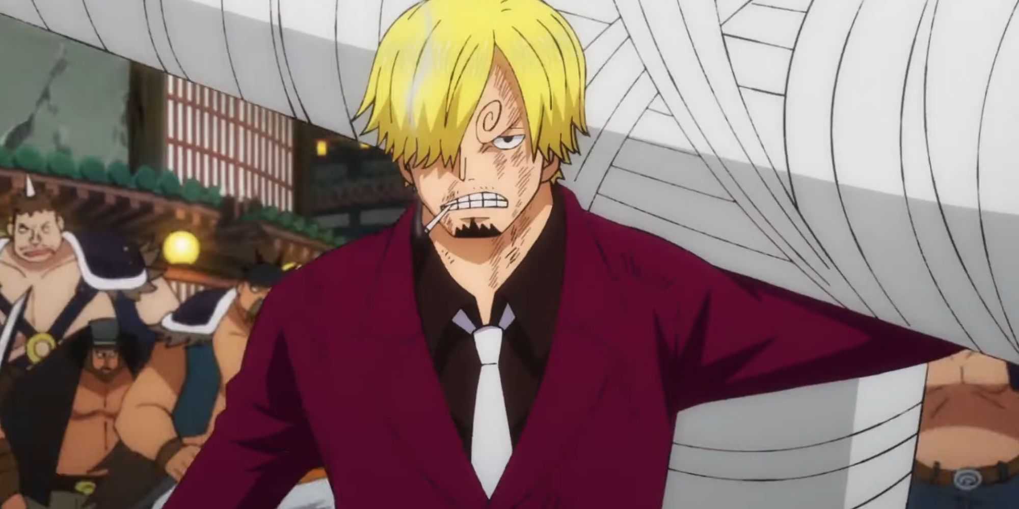 Sanji carries Zoro while fighting enemies in Onigashima in One Piece