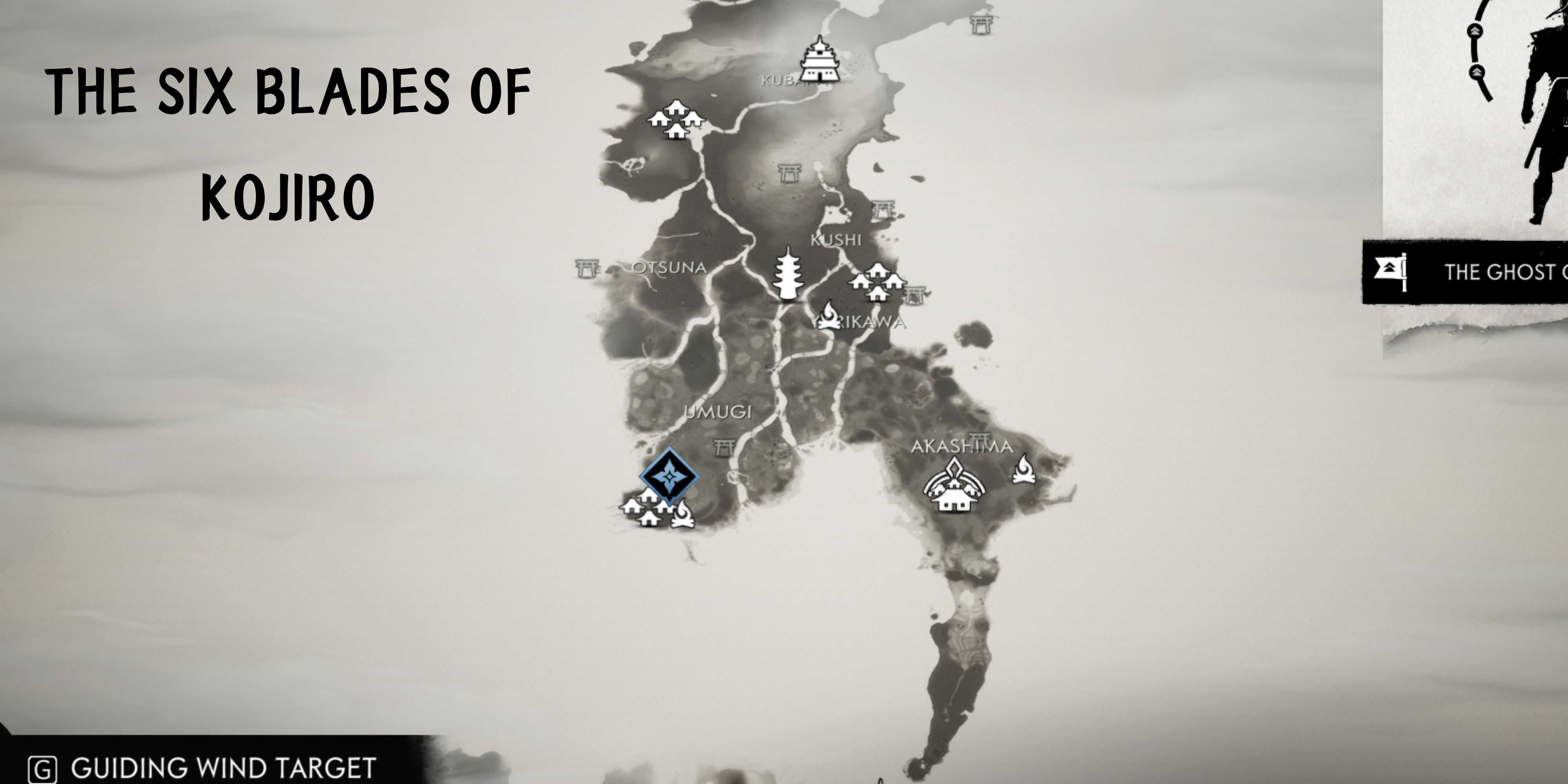 mapa mostrando as seis lâminas do conto mítico de kojiro em toyotama em ghost of tsushima