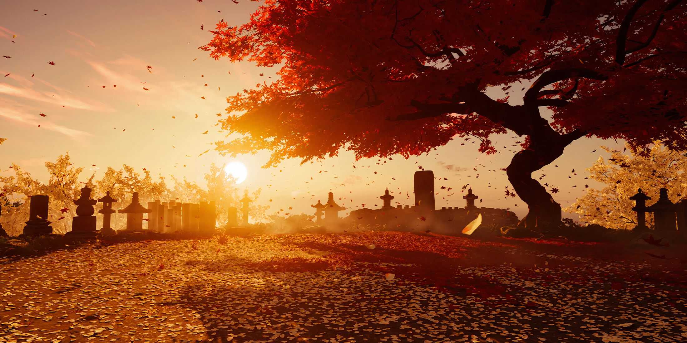 Sunset and red tree in Ghost of Tsushima