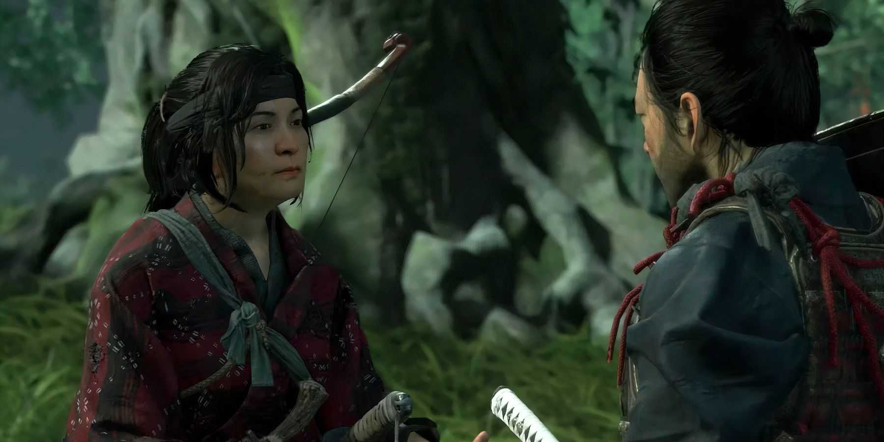 Jin and Yuna speaking to one another in Ghost of Tsushima