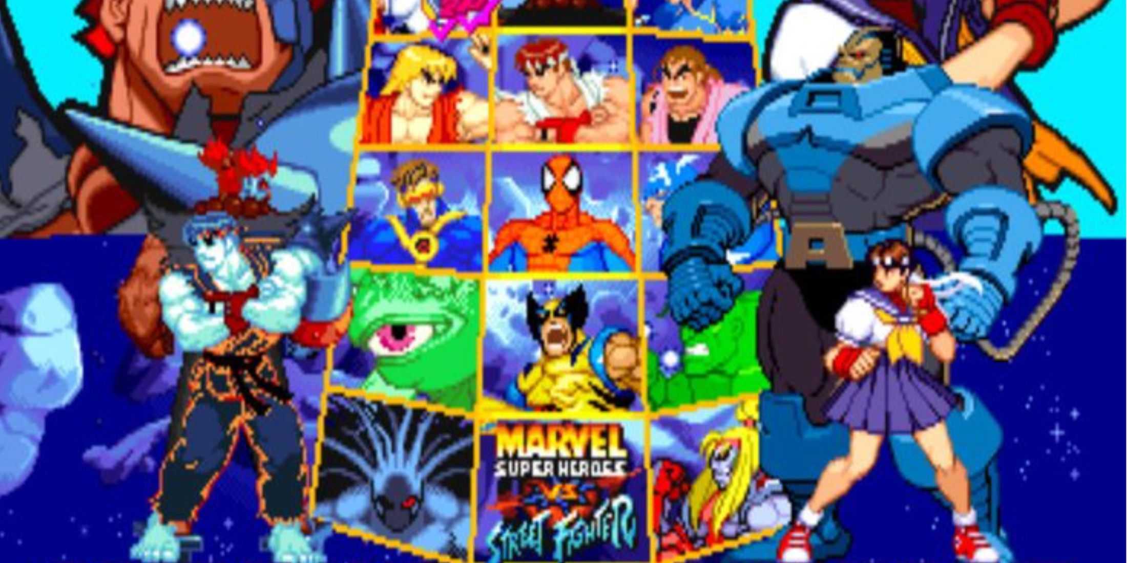 Marvel Super Heroes vs Street Fighter character selection screen with Sakura, Apocalypse, Ken, Cyber Akuma