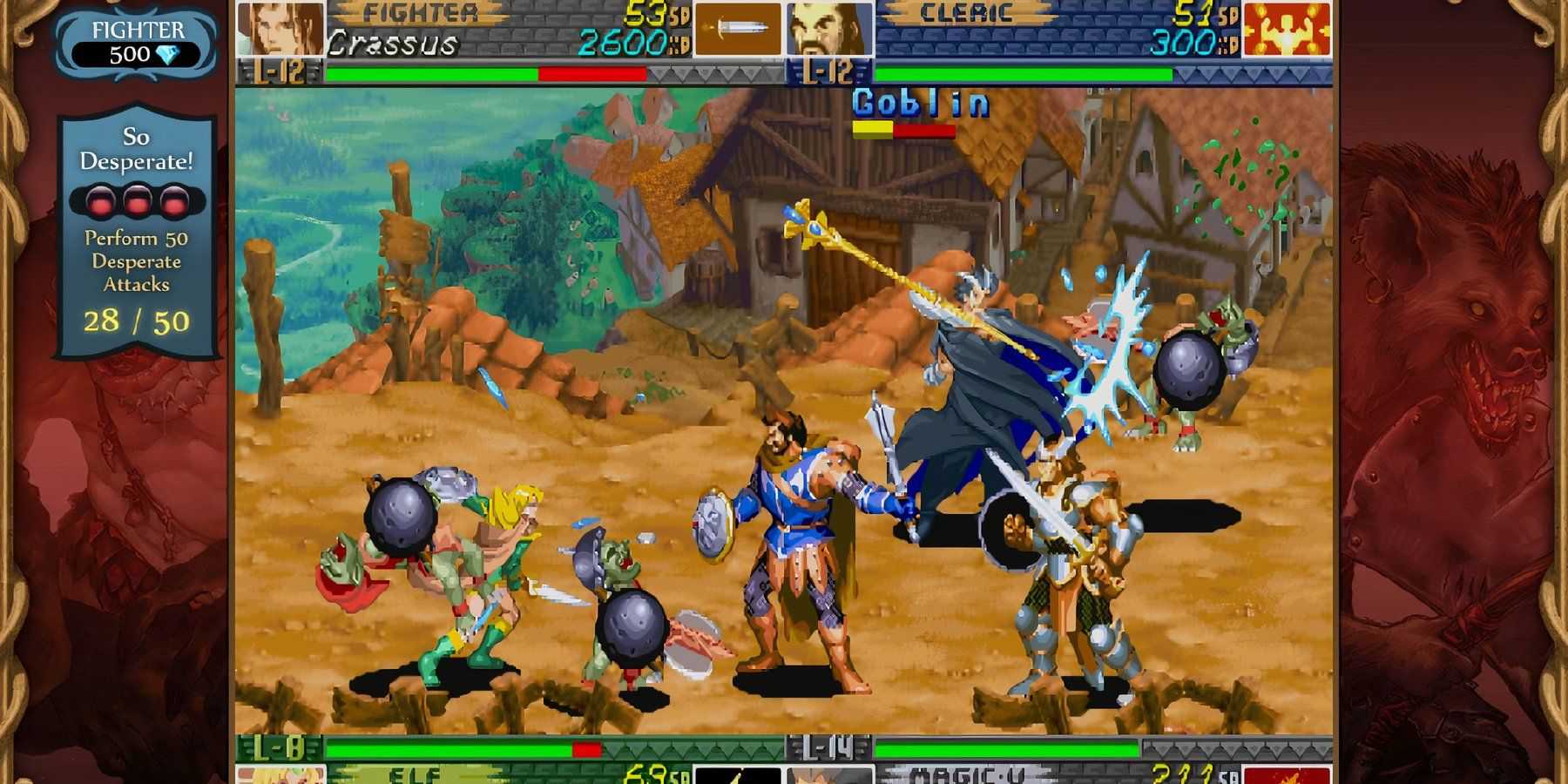 Captura de tela de gameplay de Dungeons and Dragons: Shadows Over Mystara lutador e clérigo contra uma equipe de goblins