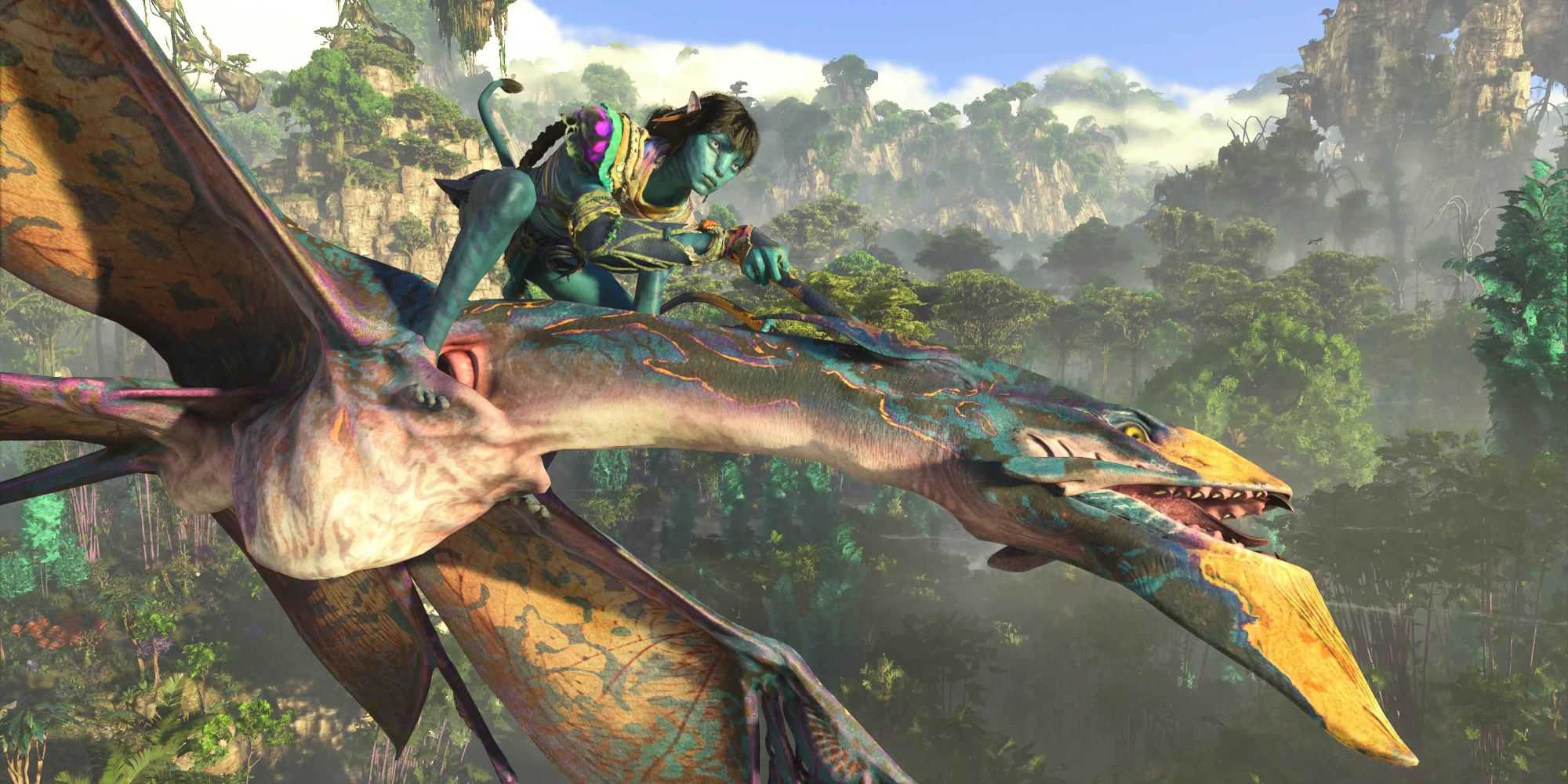 Screenshot of the Sarentu riding their Ikkran in Avatar Frontiers Of Pandora