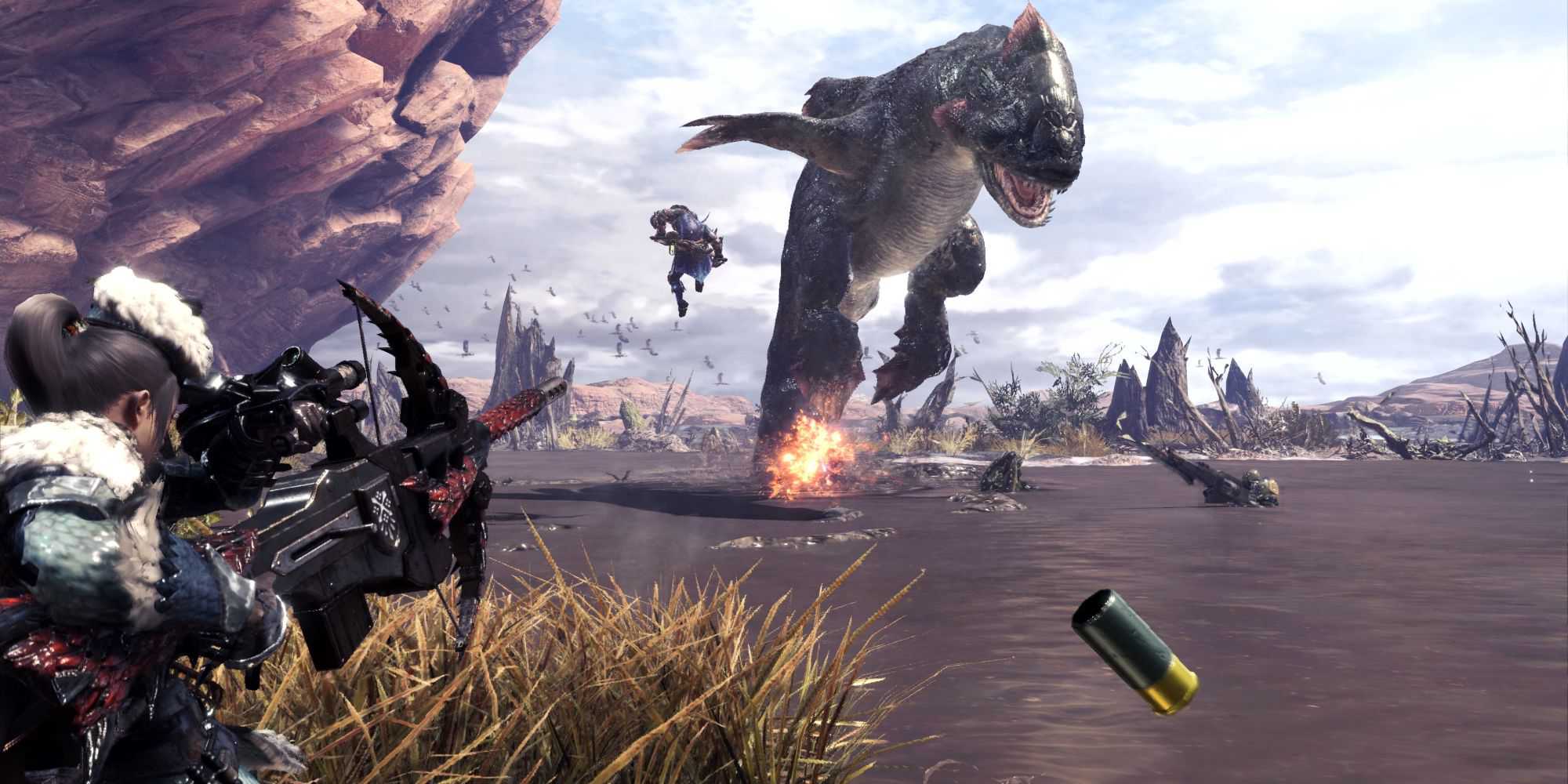 um artilheiro atirando revestimentos de explosão em um Jyuratodus em Monster Hunter World