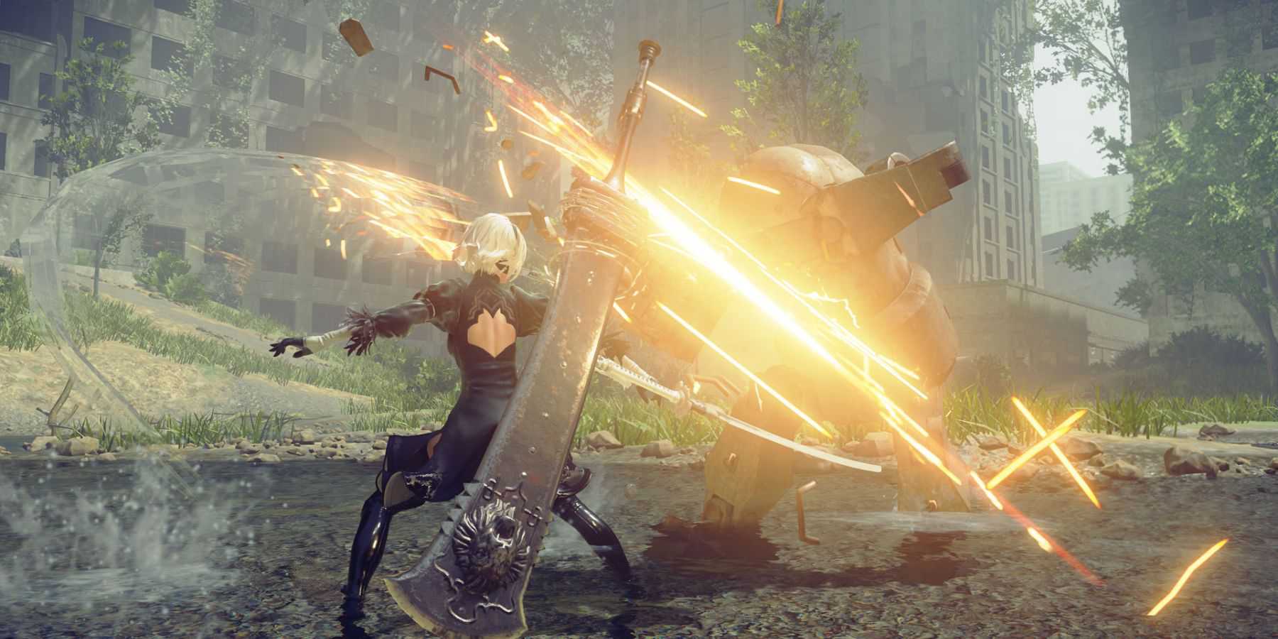 Combat with a giant robot in a post-apocalyptic setting in Nier Automata