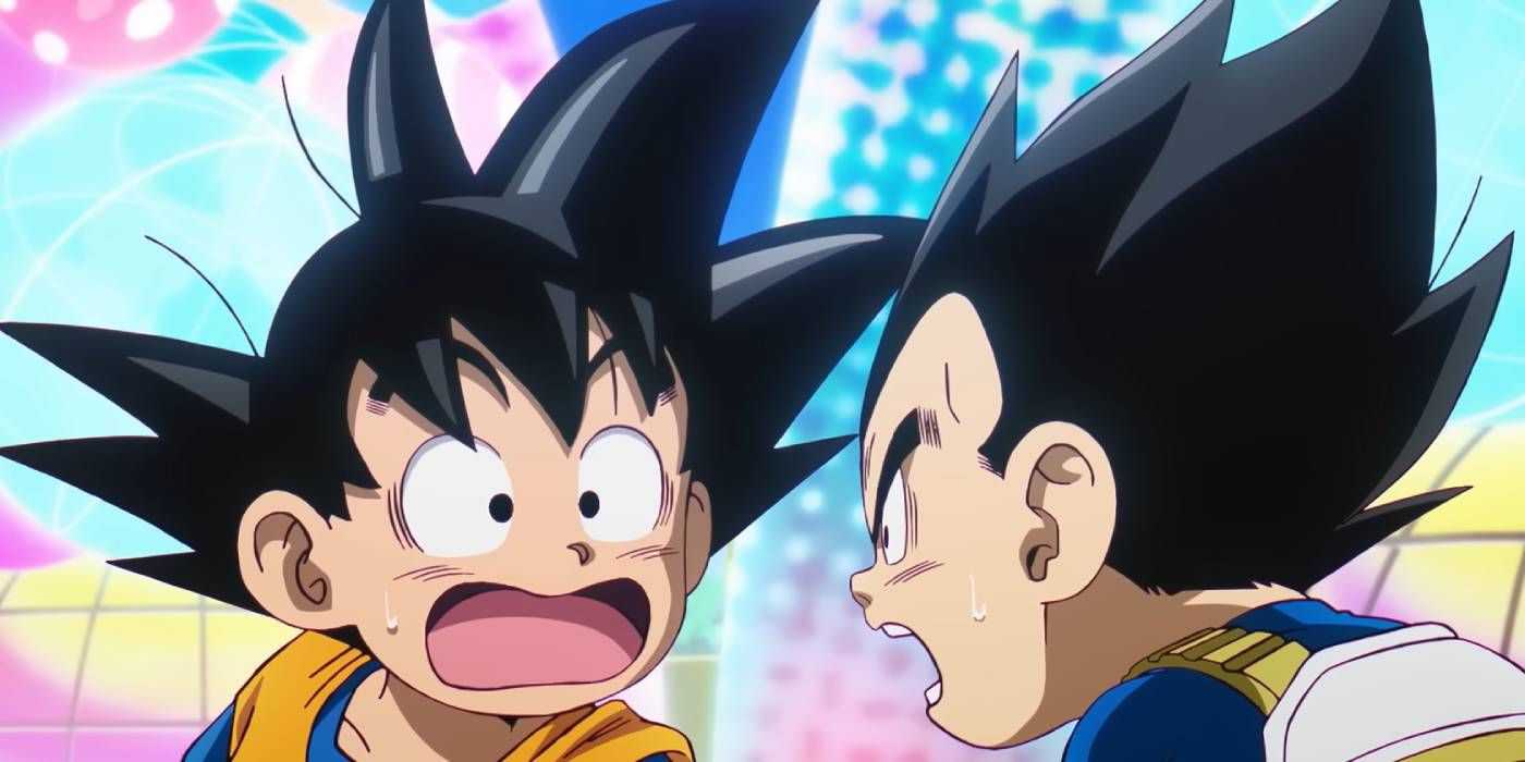 Goku and Vegeta looking at each other in shock in Dragon Ball Daima's trailer