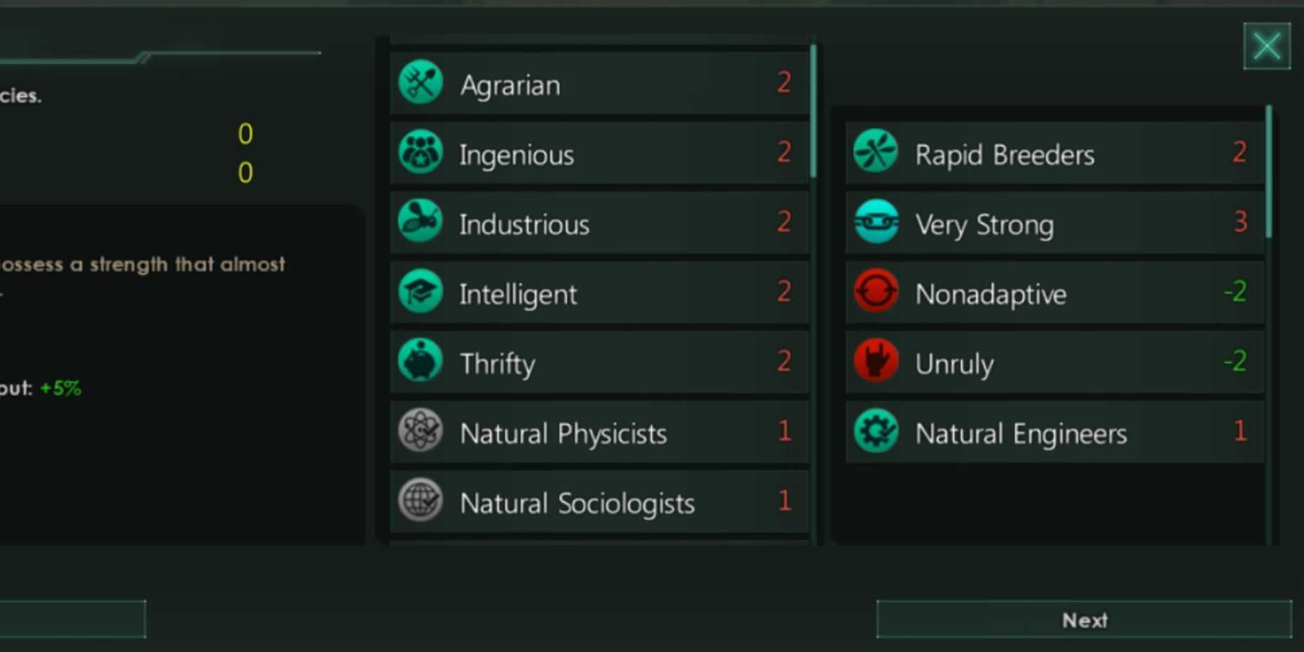 Captura de tela da lista de níveis de características Stellaris: Warmonger Club