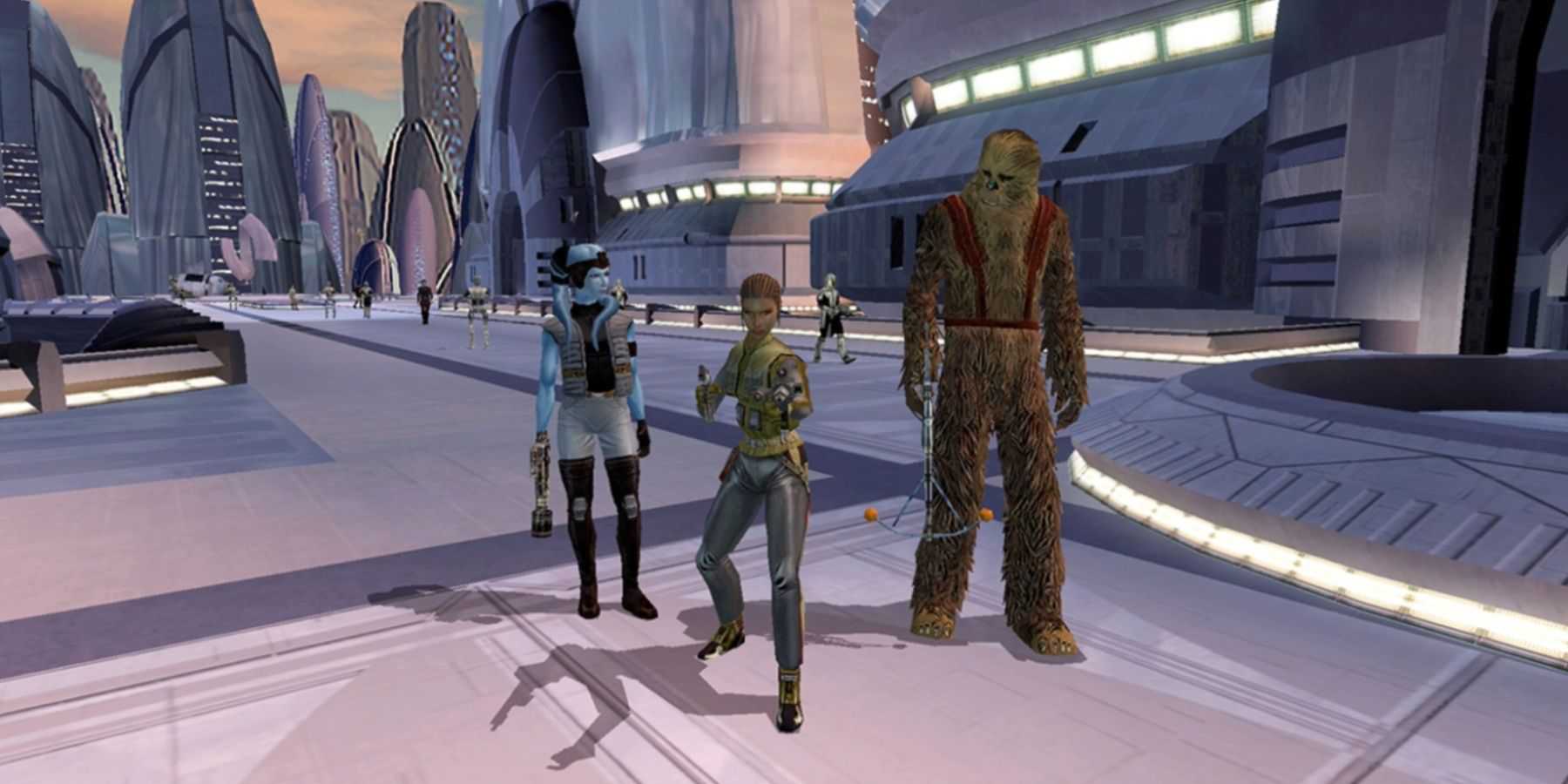 Personagens em pé em uma cidade em Star Wars Knights of the Old Republic