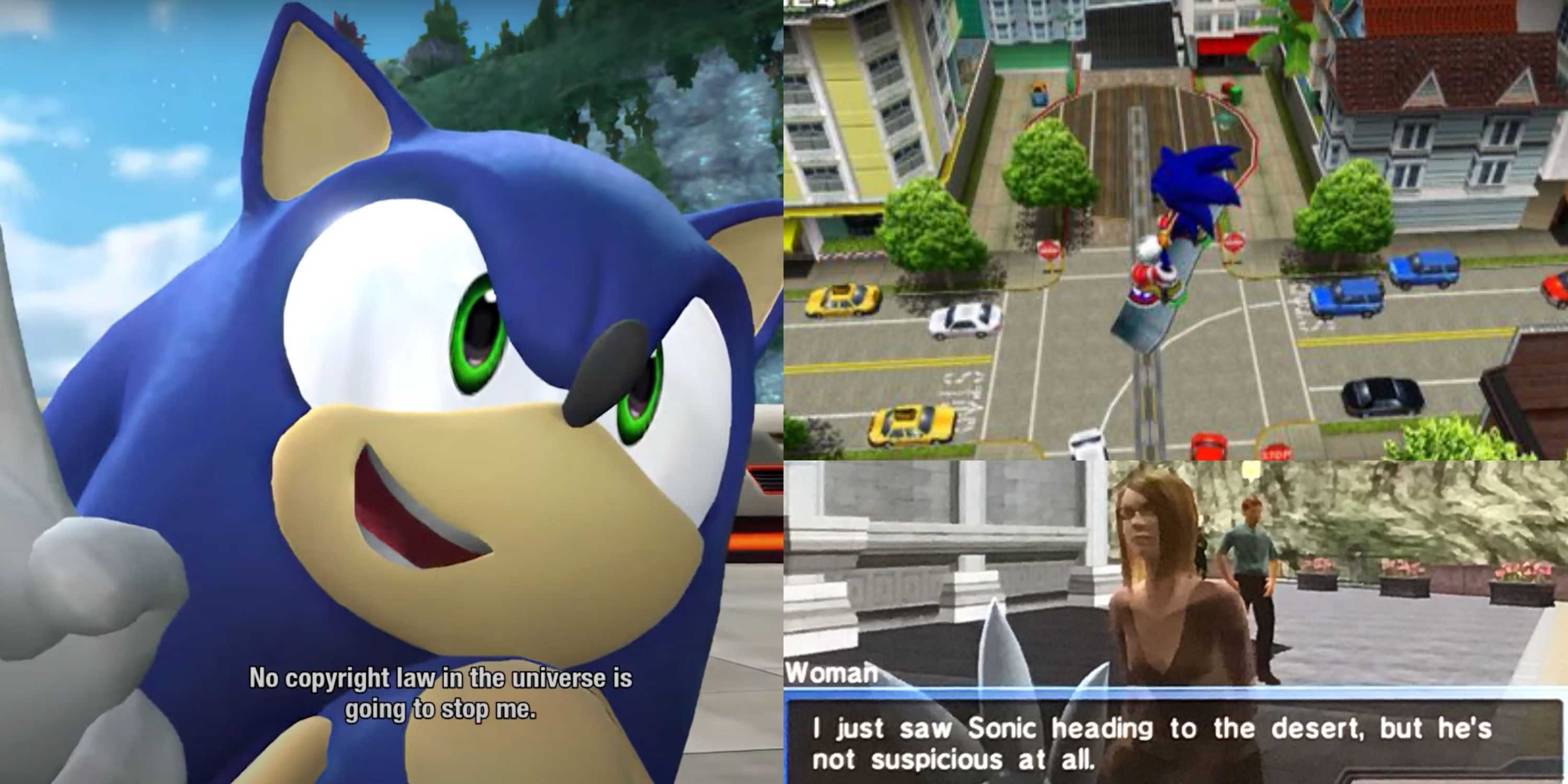 Sonic em fuga da cidade, close dele e um civil comentando sobre ele