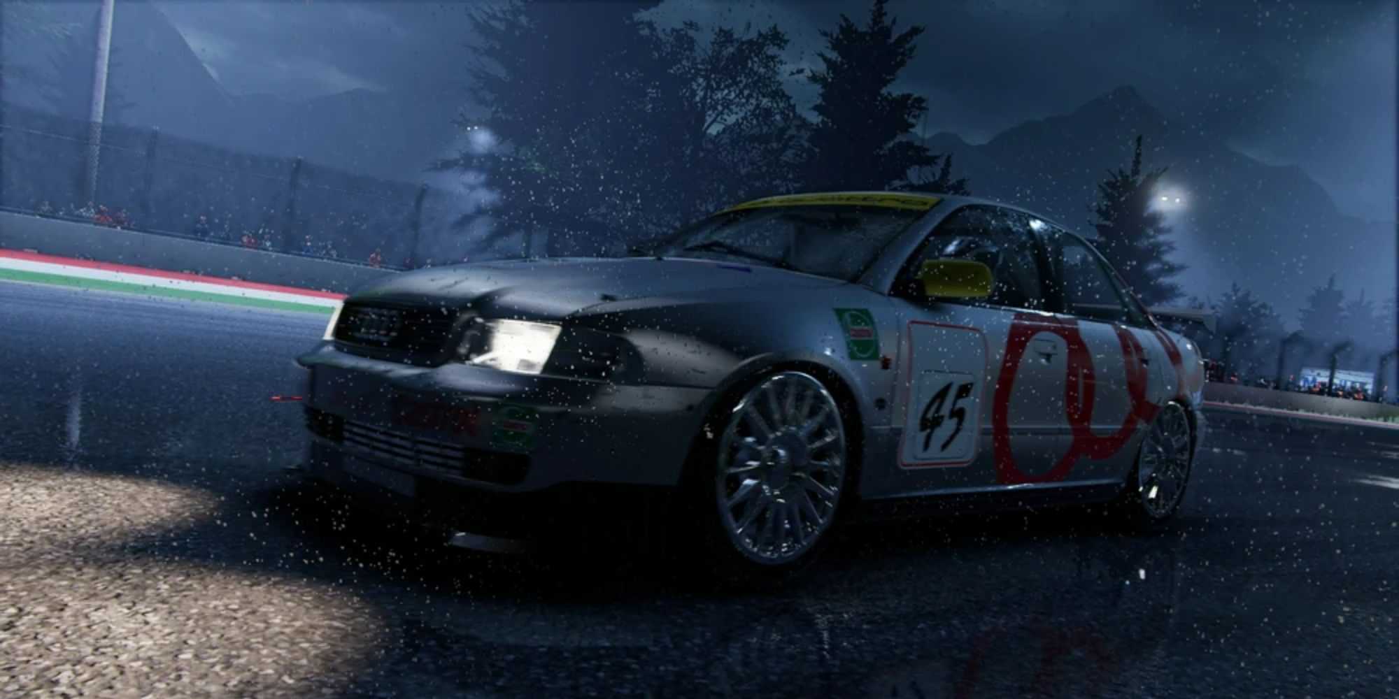 The Audi A4 quattro Touring Car (8D) during the night in the rain in GRID Legends