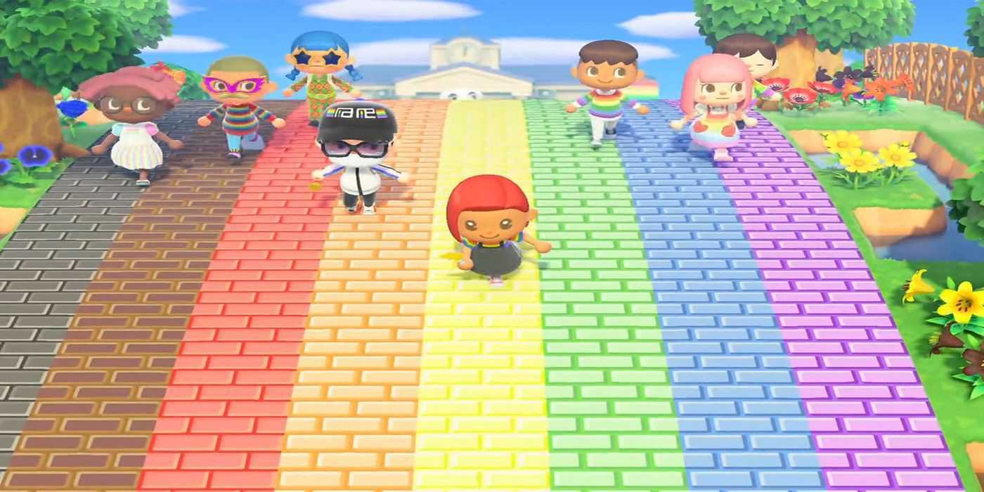 animal crossing players walking on rainbow road