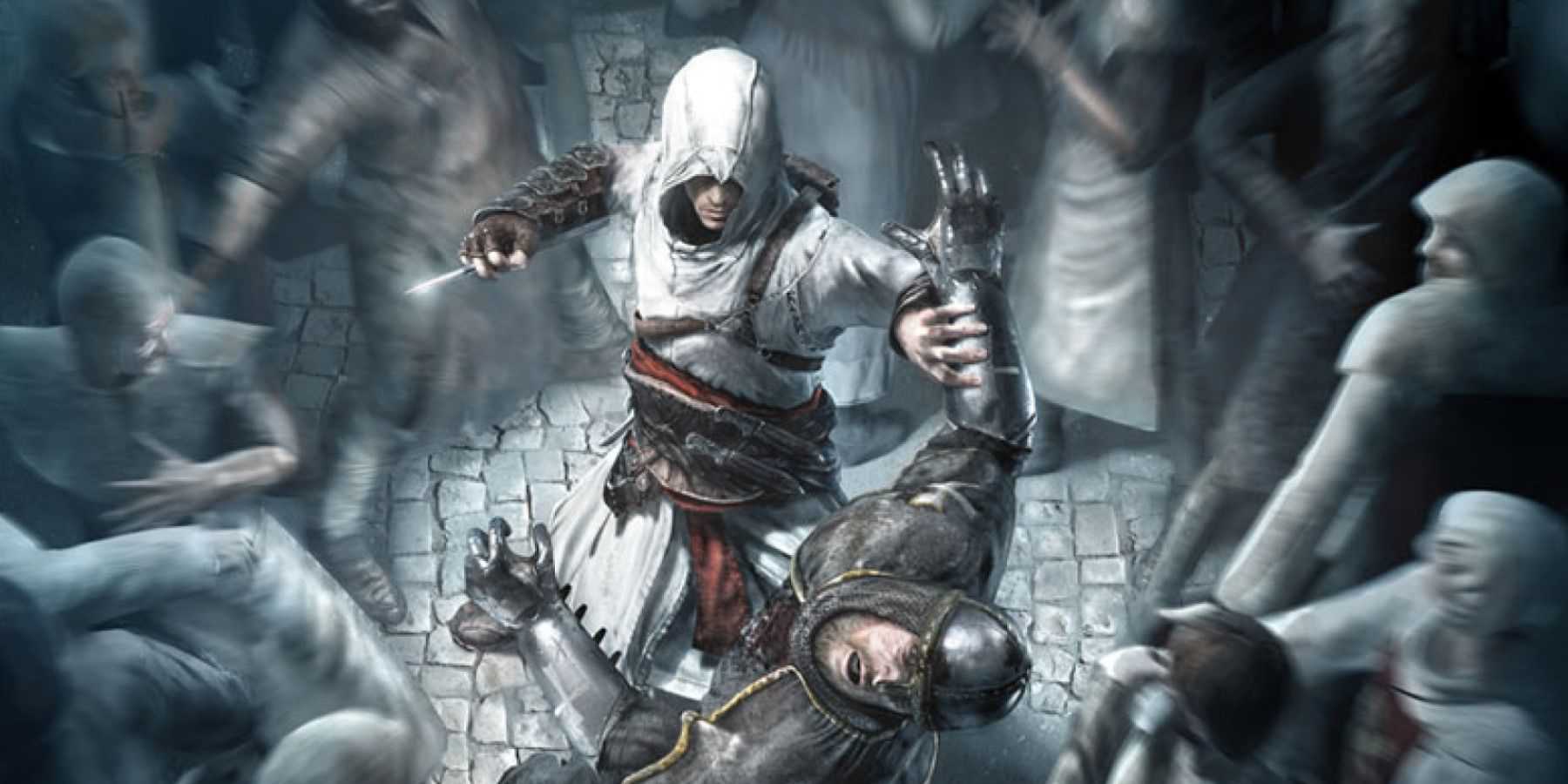 Altair atacando um inimigo em um grupo de pedestres em Assassin's Creed