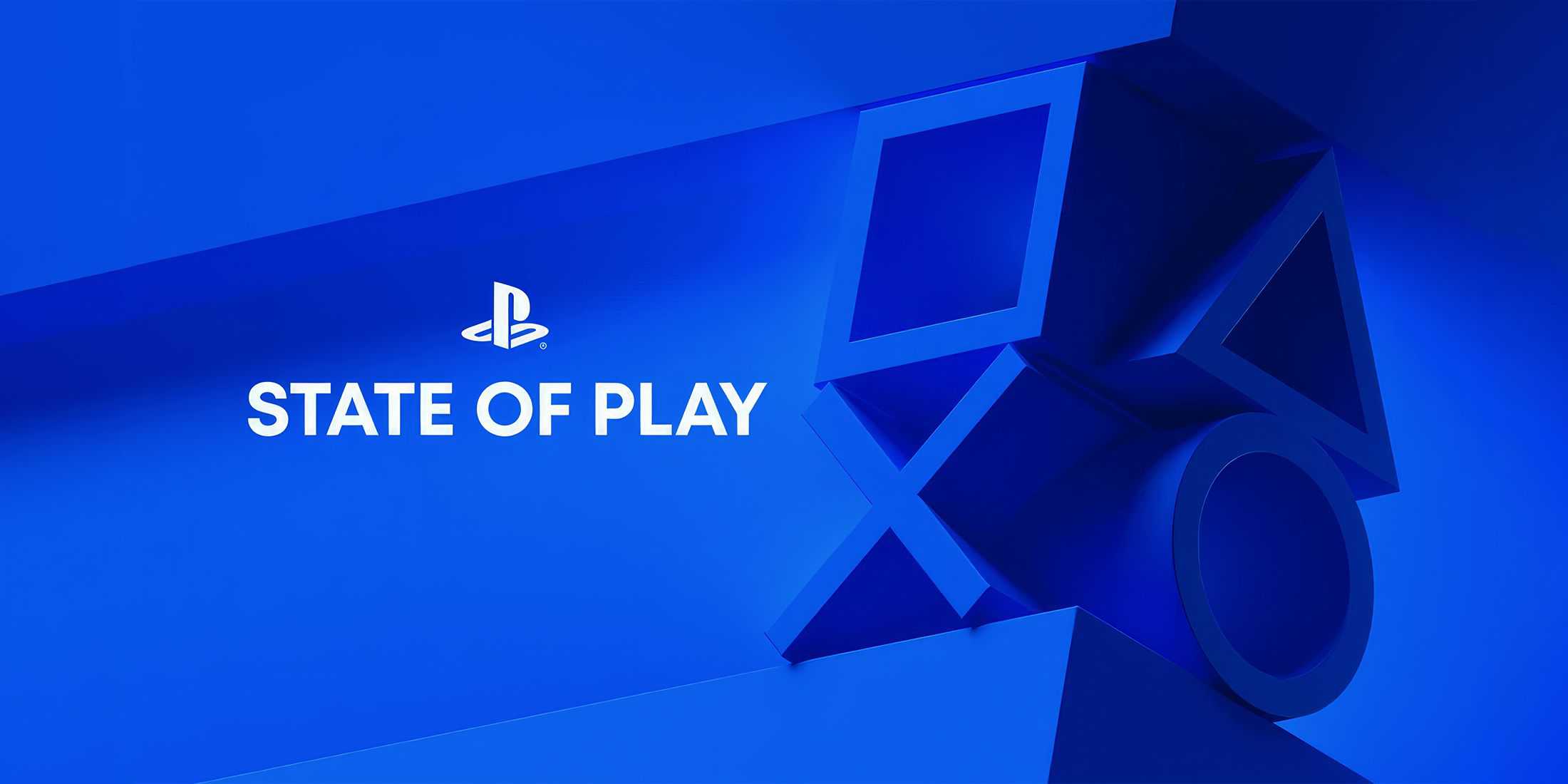 Arte-chave do logotipo do PlayStation State of Play com representações 3D dos botões frontais do controle do PS ampliados