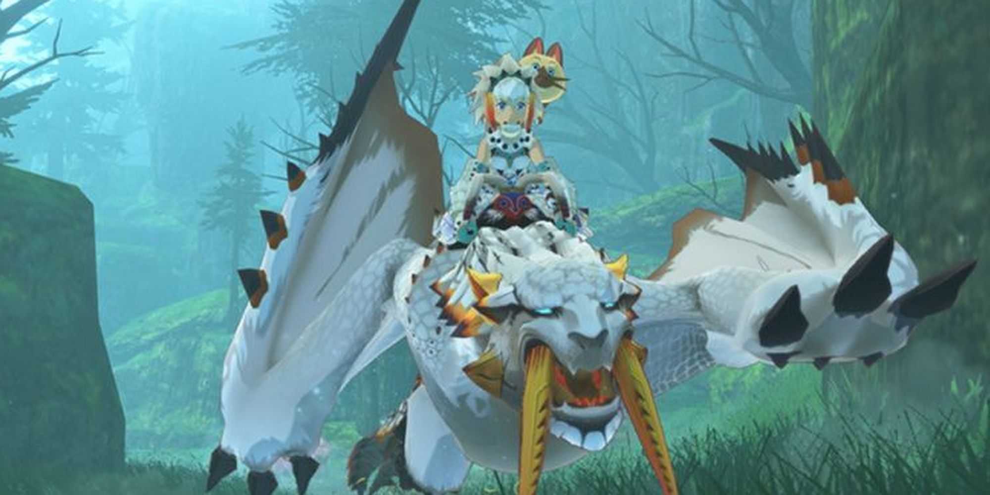 Personagem com Monstie Branco na Ilha Hakolo em Monster Hunter Stories 2