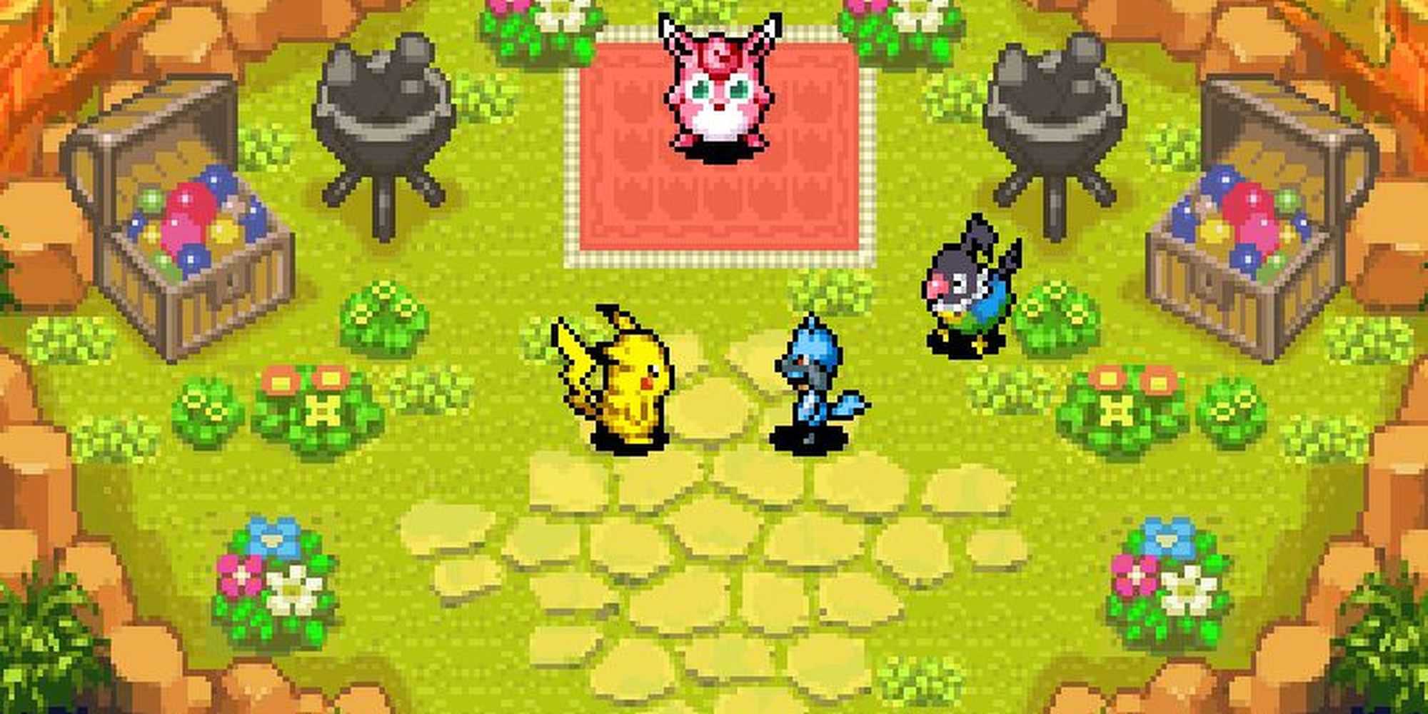 Pokemon Mystery Dungeon Explorers of Sky base, featuring the main character, companion, chatot and wigglytuff.