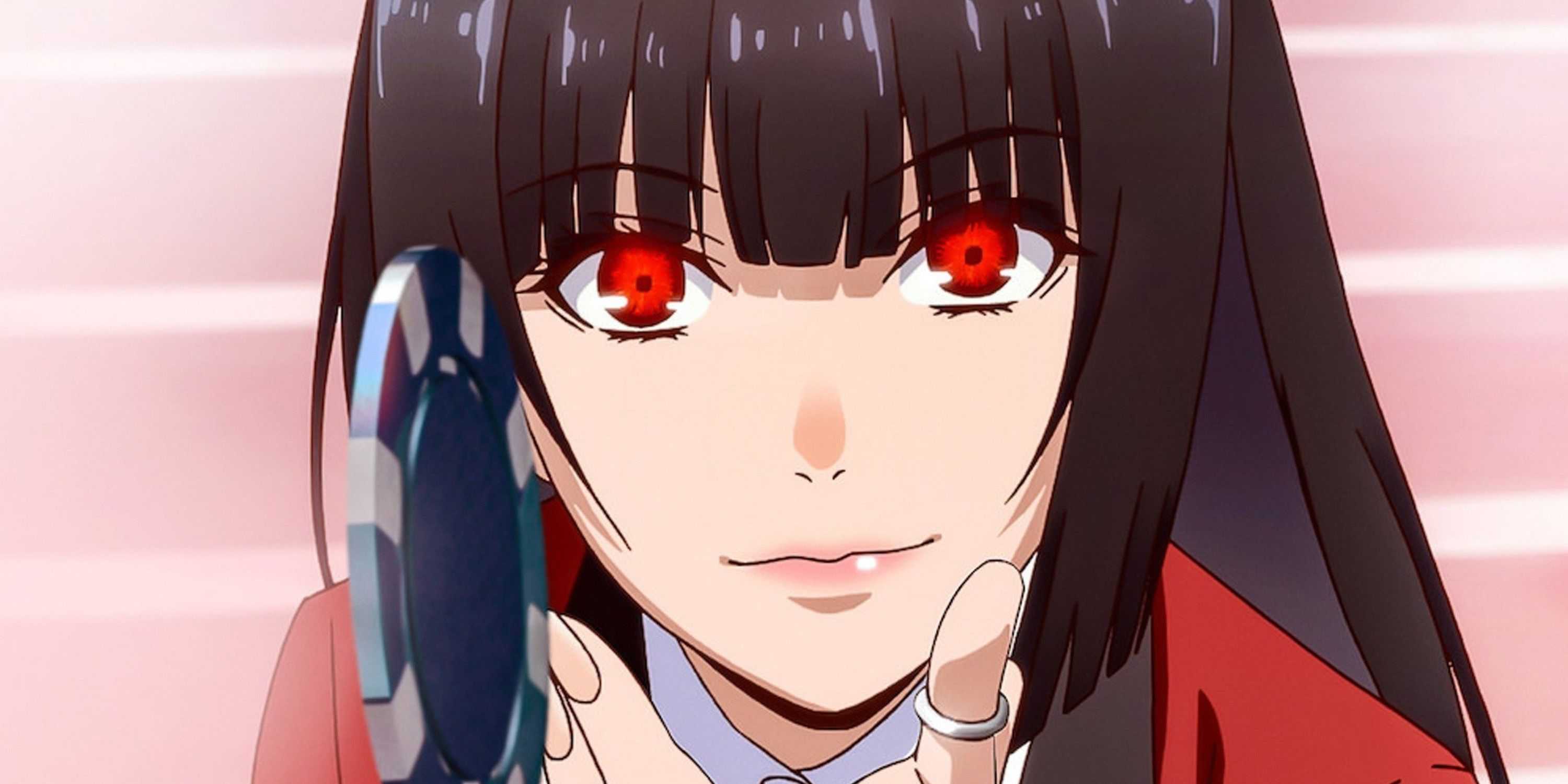 o personagem yumeko com ficha de pôquer do anime kakegurui