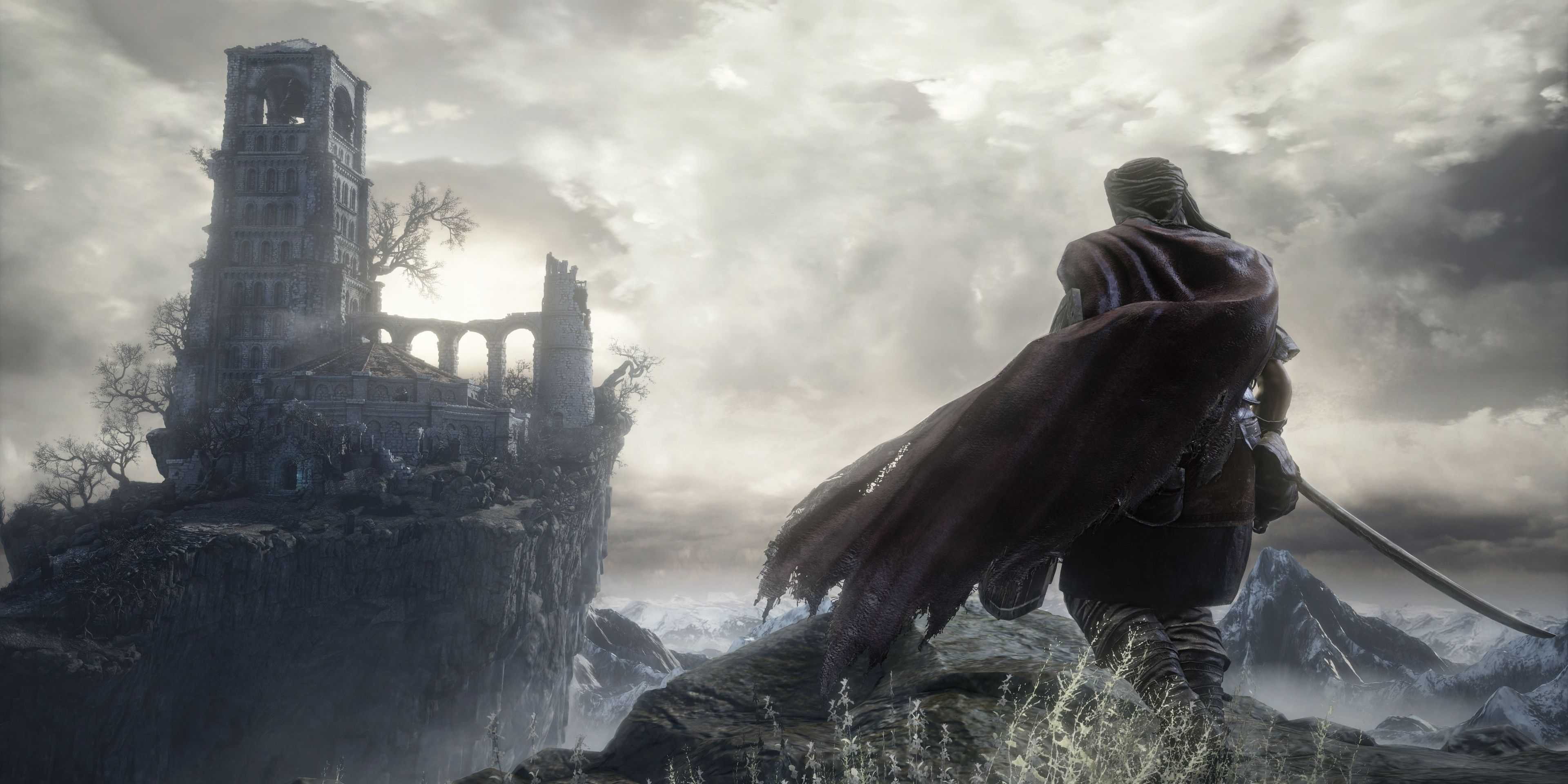 Dark Souls 3 Sellsword com vista para o Santuário Firelink.